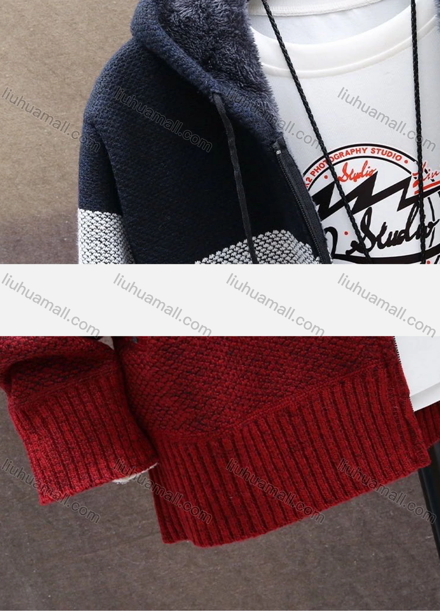 Wholesale Men's Casual Striped Drawstring Long Sleeve Zip Hooded Fleece Sweater Jacket - Liuhuamall