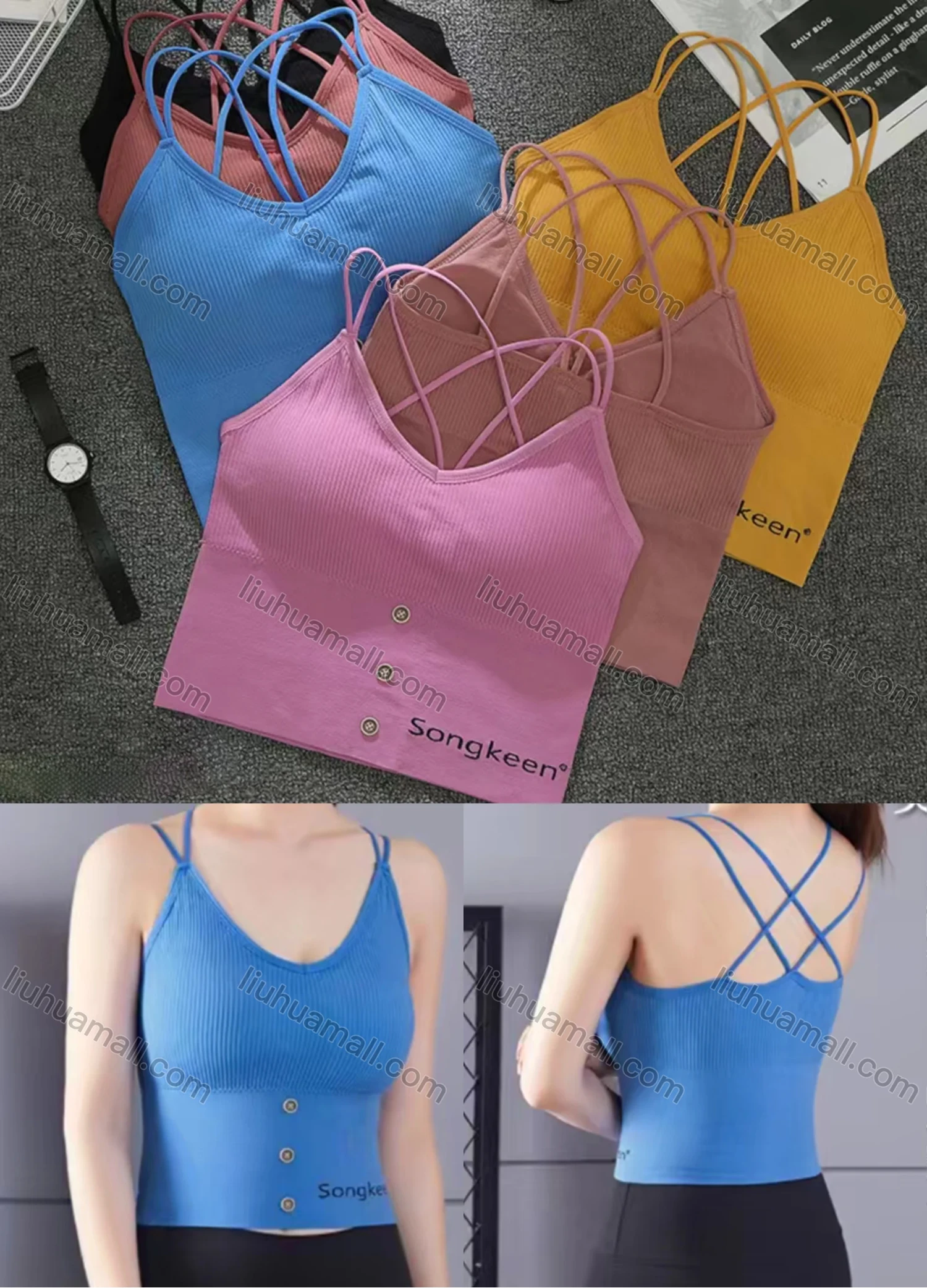 Wholesale Women's Basics Back Criss Cross Button Decor Spaghetti Strap Camisole Bra 6895-6# - Liuhuamall