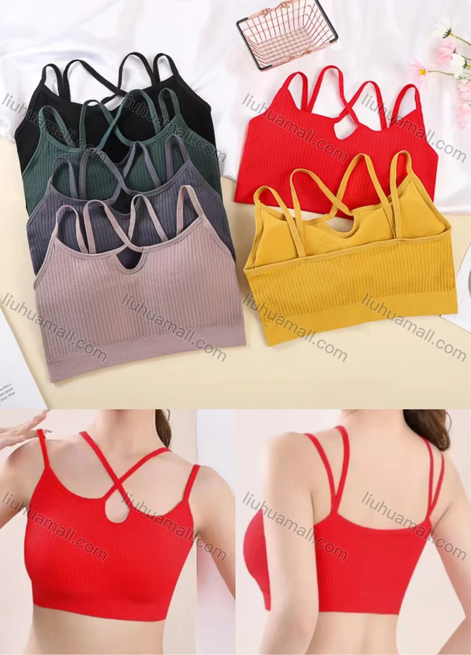 Wholesale Women's Basics Ribbed Criss Cross Sports Bra 6906-6# - Liuhuamall