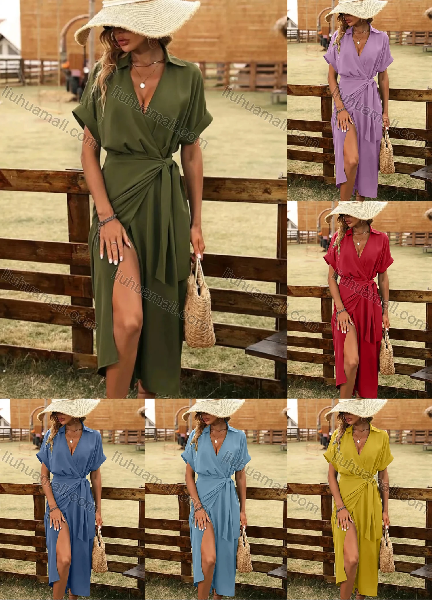 Wholesale Women's Sexy Plain Deep V Neck Wrap Short Sleeve Lace Up Split Hem Midi Shirt Dress - Liuhuamall