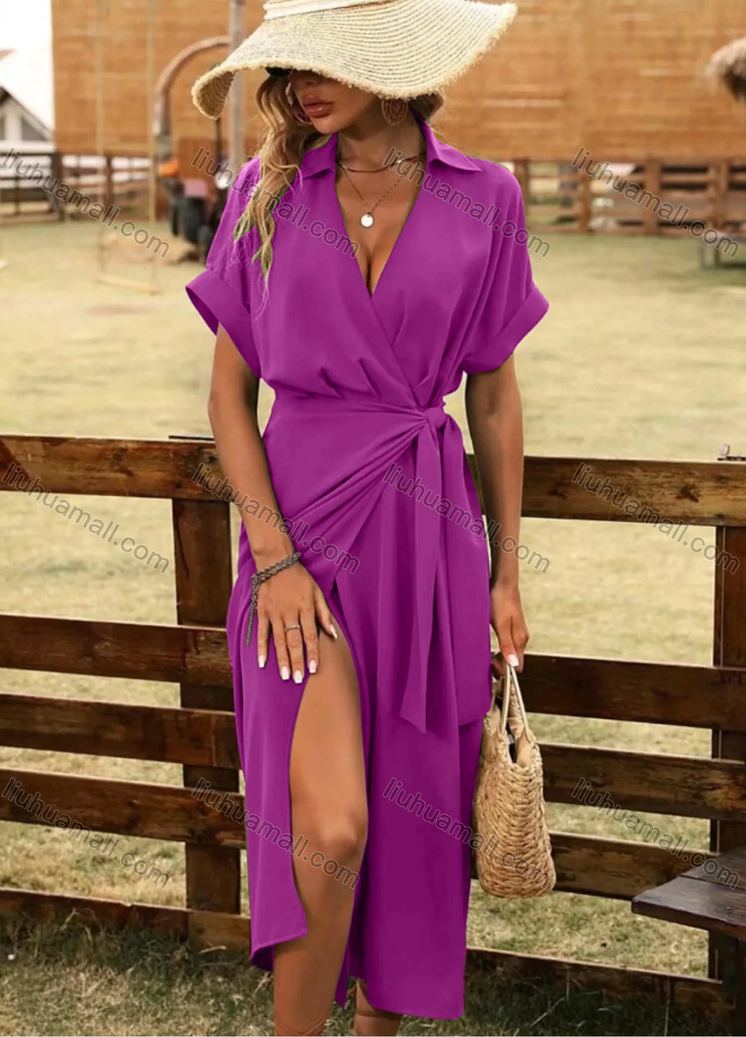 Wholesale Women's Sexy Plain Deep V Neck Wrap Short Sleeve Lace Up Split Hem Midi Shirt Dress - Liuhuamall