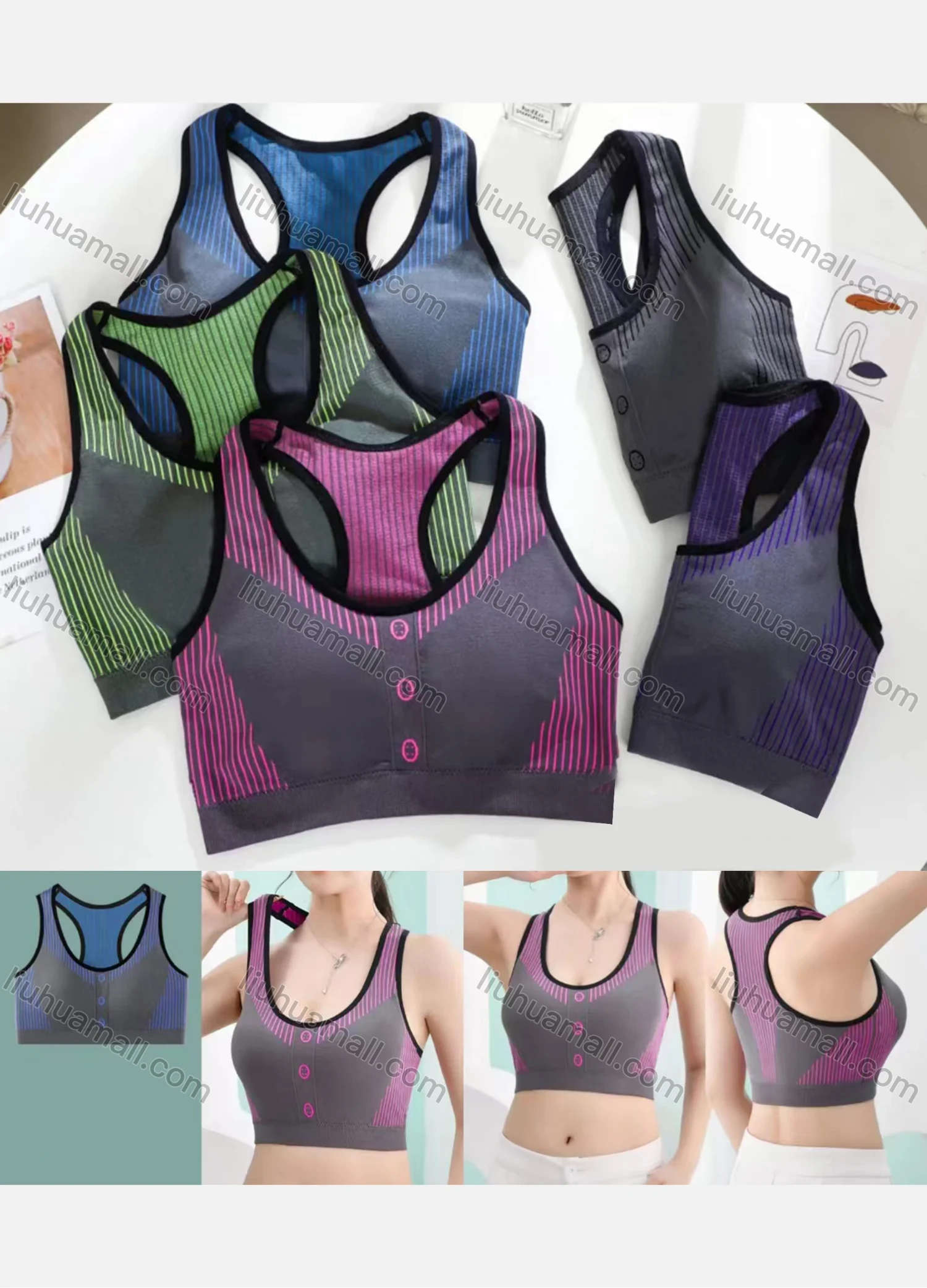 Wholesale Women's Basics Colorblock Striped Racerback Sports Bra 6918-5# - Liuhuamall