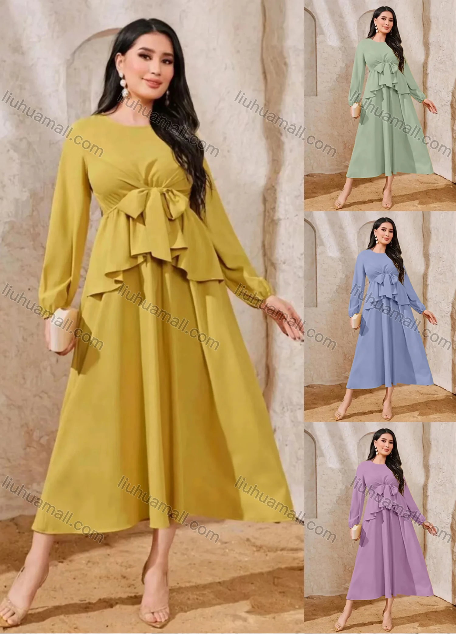 Wholesale Women's Elegant Plain Round Neck Bow Tie Ruffle Trim High Waist Long Sleeve Midi Dress - Liuhuamall