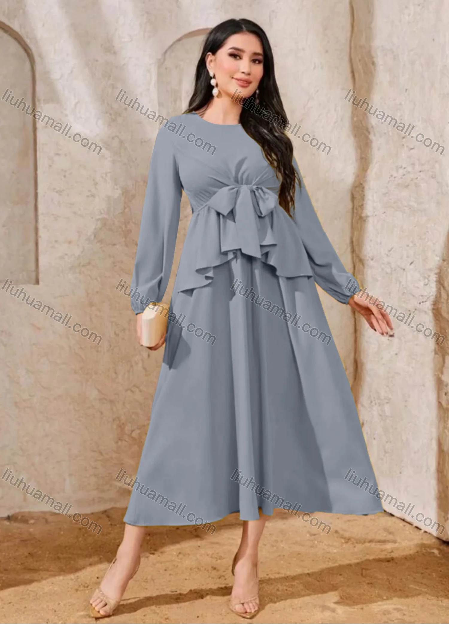 Wholesale Women's Elegant Plain Round Neck Bow Tie Ruffle Trim High Waist Long Sleeve Midi Dress - Liuhuamall