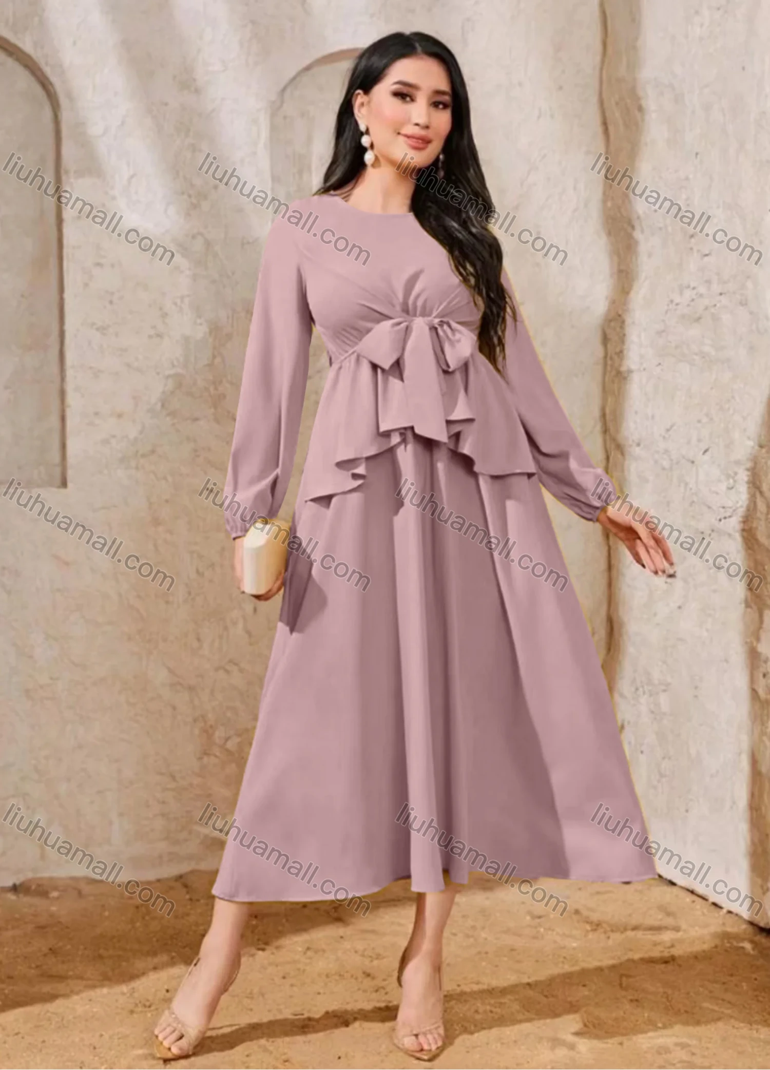 Wholesale Women's Elegant Plain Round Neck Bow Tie Ruffle Trim High Waist Long Sleeve Midi Dress - Liuhuamall