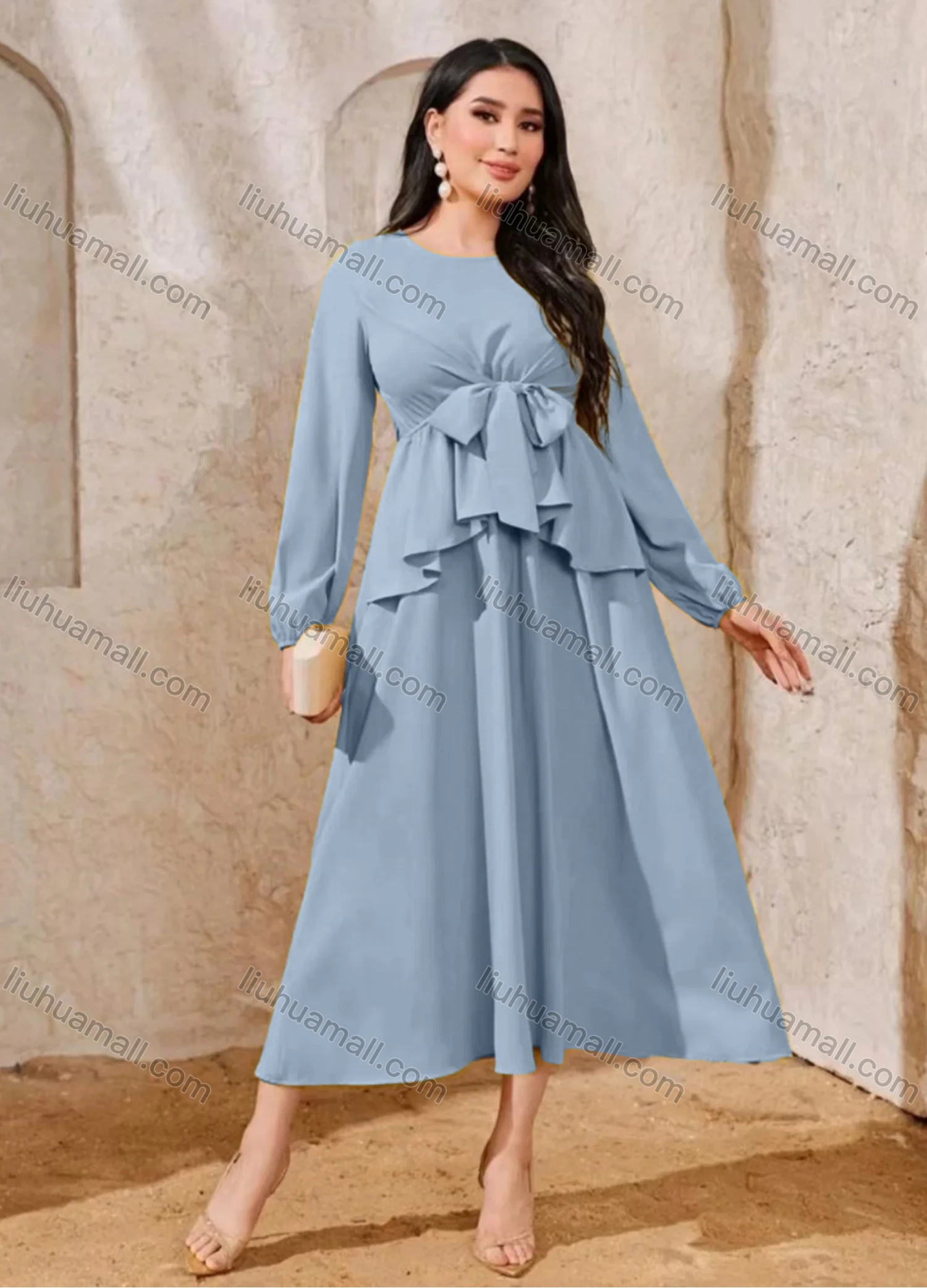 Wholesale Women's Elegant Plain Round Neck Bow Tie Ruffle Trim High Waist Long Sleeve Midi Dress - Liuhuamall