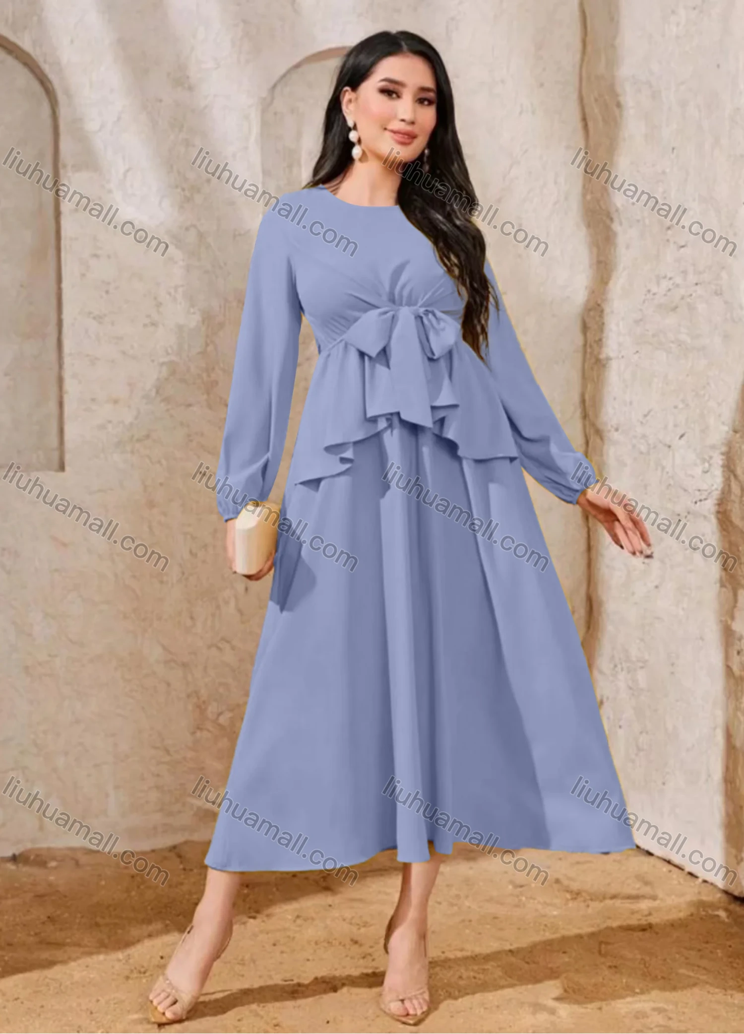 Wholesale Women's Elegant Plain Round Neck Bow Tie Ruffle Trim High Waist Long Sleeve Midi Dress - Liuhuamall