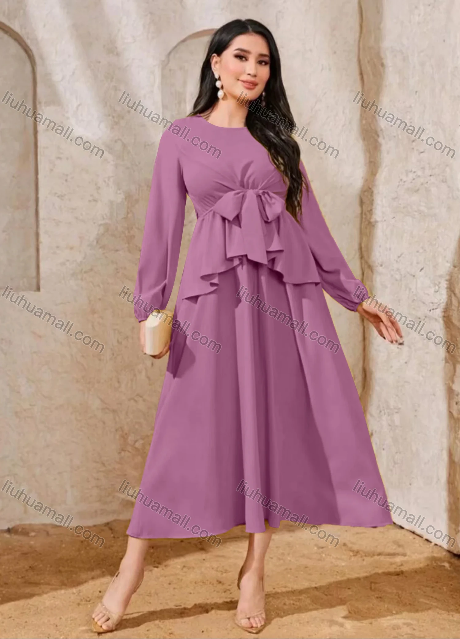 Wholesale Women's Elegant Plain Round Neck Bow Tie Ruffle Trim High Waist Long Sleeve Midi Dress - Liuhuamall