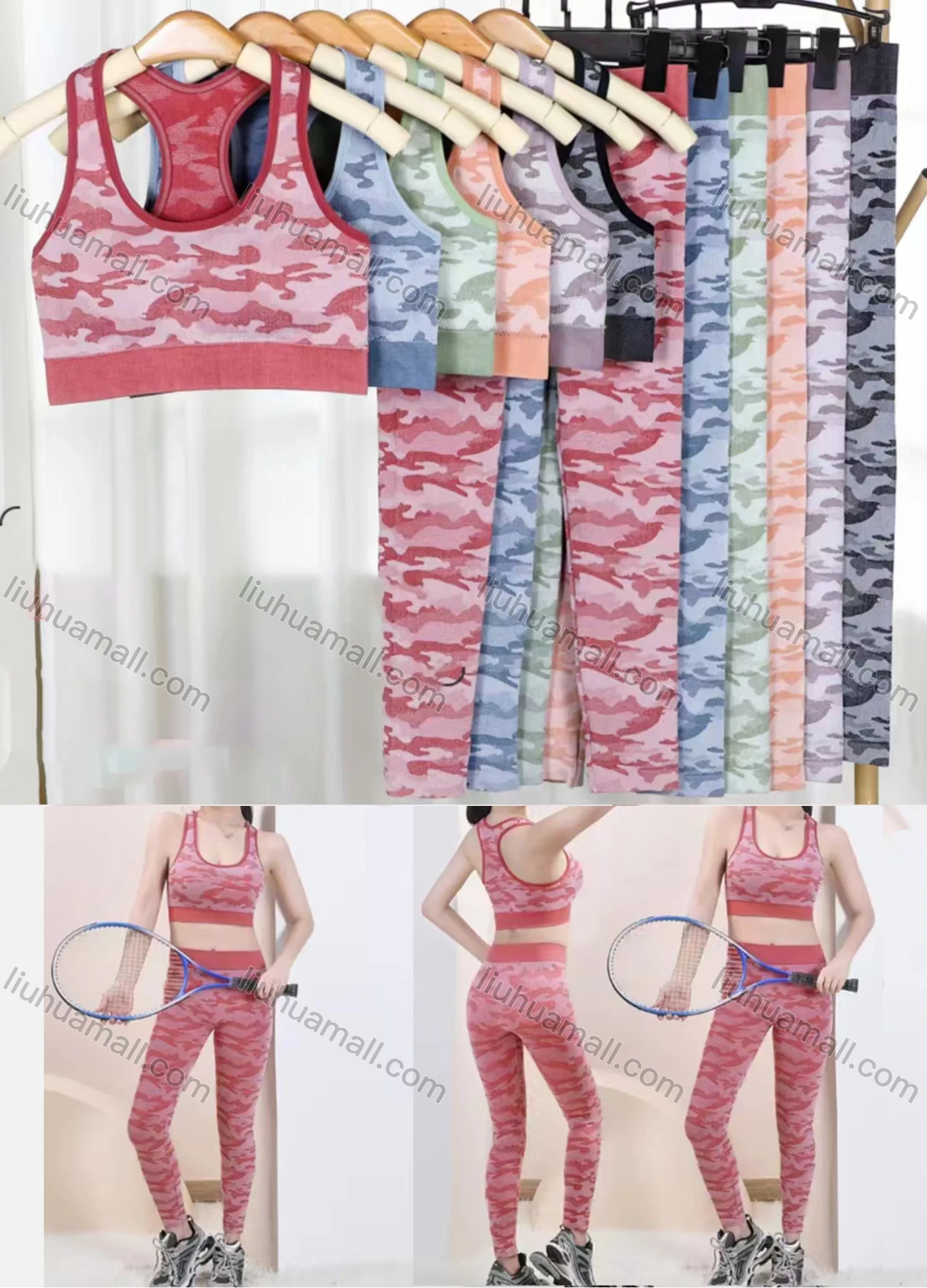 Wholesale Women's Basics Breathable Camo Print Racerback Sports Bra 2-piece Set 6921-6# - Liuhuamall