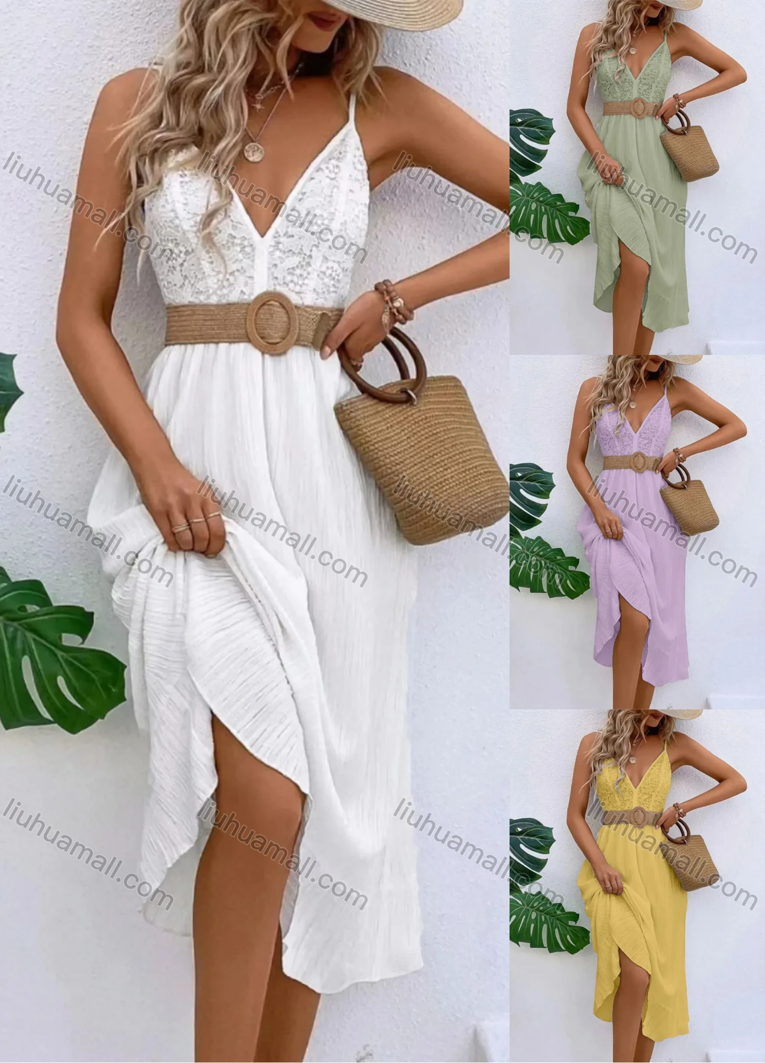 Wholesale Women's Sexy Deep V Neck Guipure Lace Spaghetti Straps Ruffle Hem Midi Cami Dress With Belt - Liuhuamall