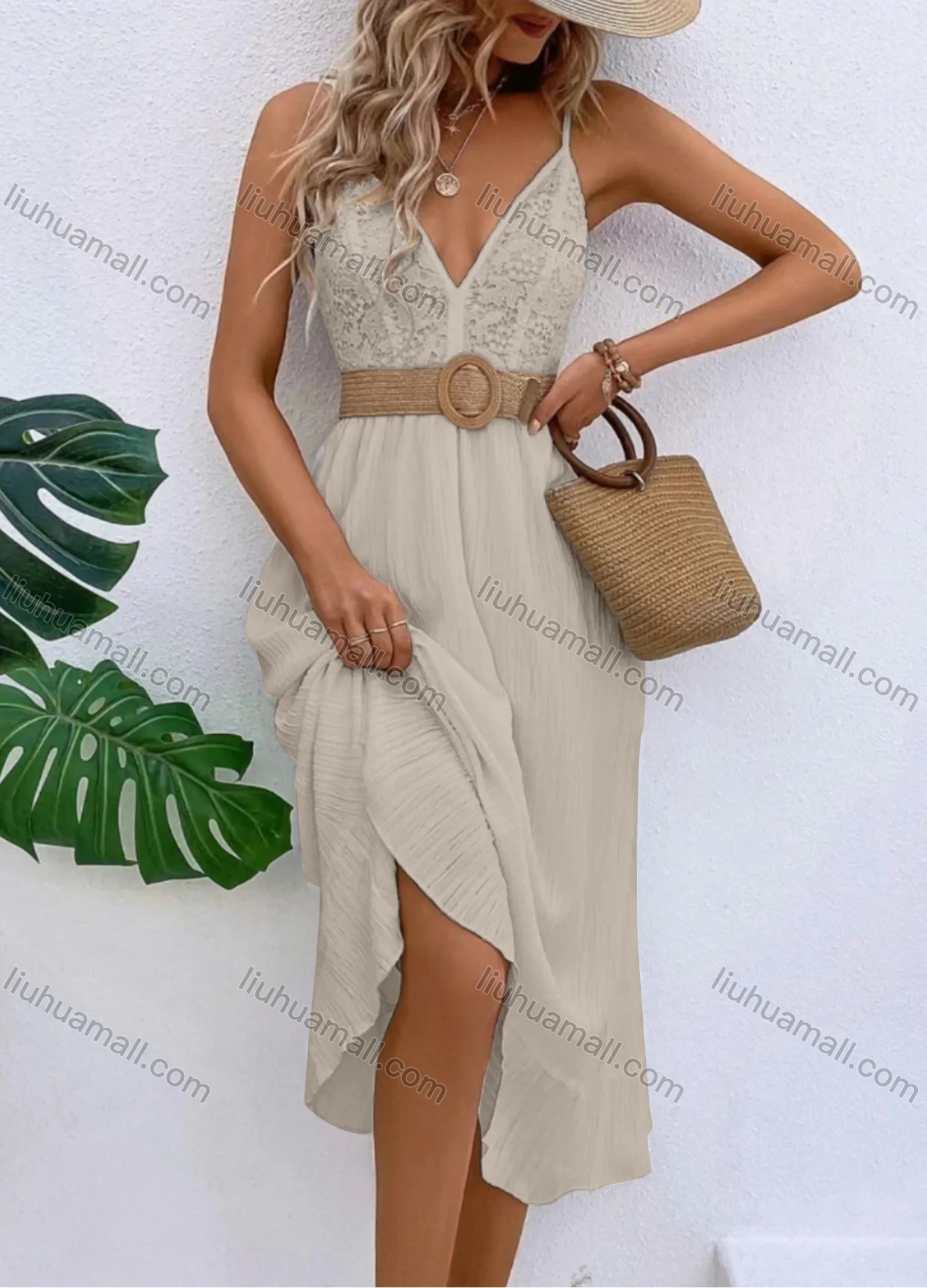 Wholesale Women's Sexy Deep V Neck Guipure Lace Spaghetti Straps Ruffle Hem Midi Cami Dress With Belt - Liuhuamall