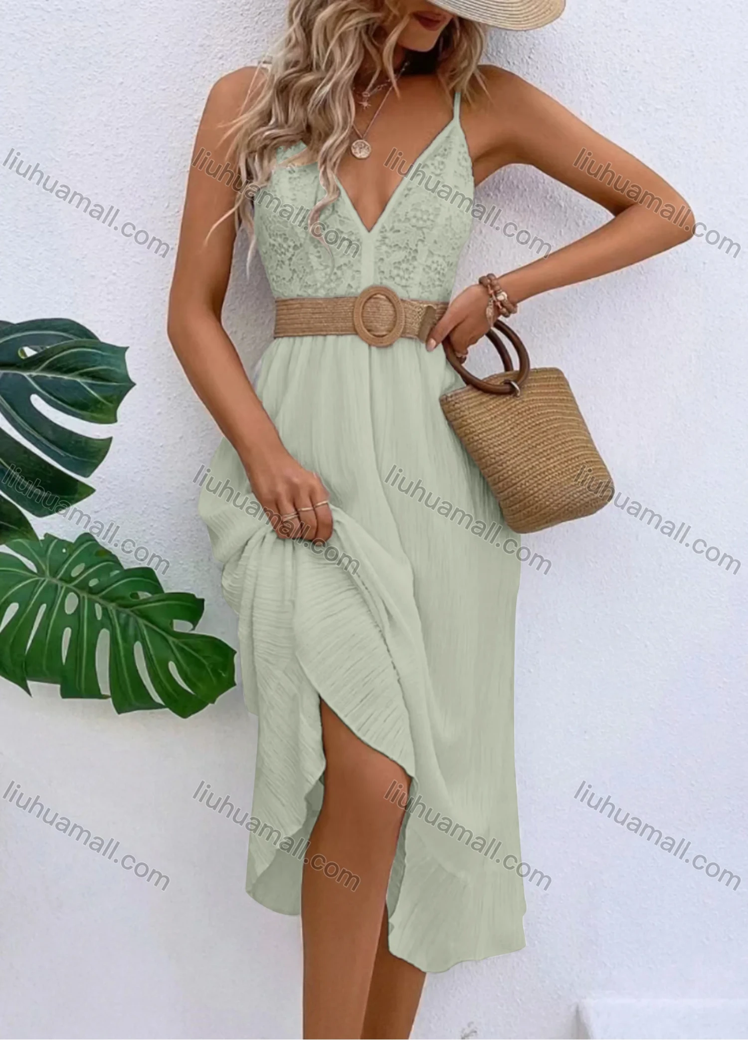 Wholesale Women's Sexy Deep V Neck Guipure Lace Spaghetti Straps Ruffle Hem Midi Cami Dress With Belt - Liuhuamall
