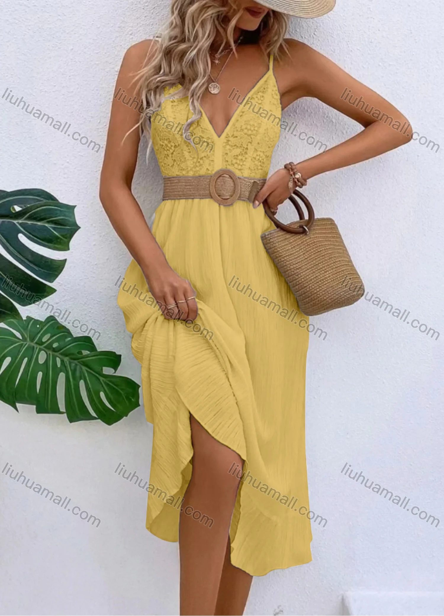 Wholesale Women's Sexy Deep V Neck Guipure Lace Spaghetti Straps Ruffle Hem Midi Cami Dress With Belt - Liuhuamall