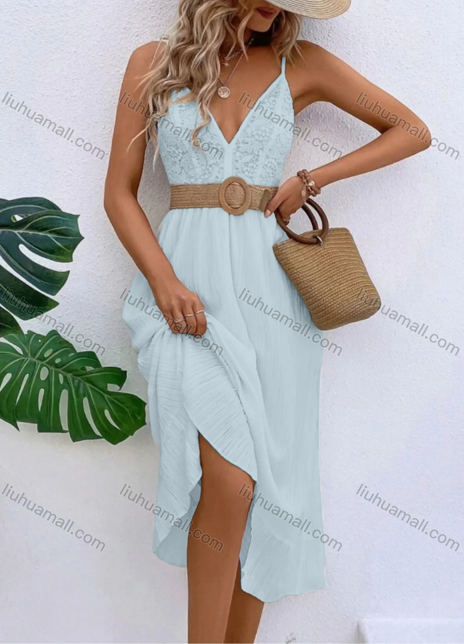 Wholesale Women's Sexy Deep V Neck Guipure Lace Spaghetti Straps Ruffle Hem Midi Cami Dress With Belt - Liuhuamall
