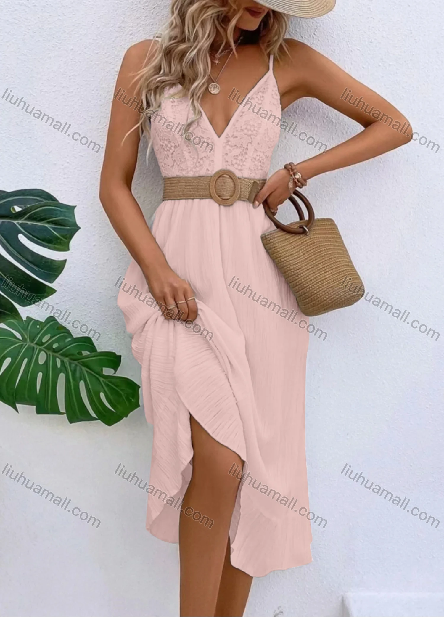Wholesale Women's Sexy Deep V Neck Guipure Lace Spaghetti Straps Ruffle Hem Midi Cami Dress With Belt - Liuhuamall