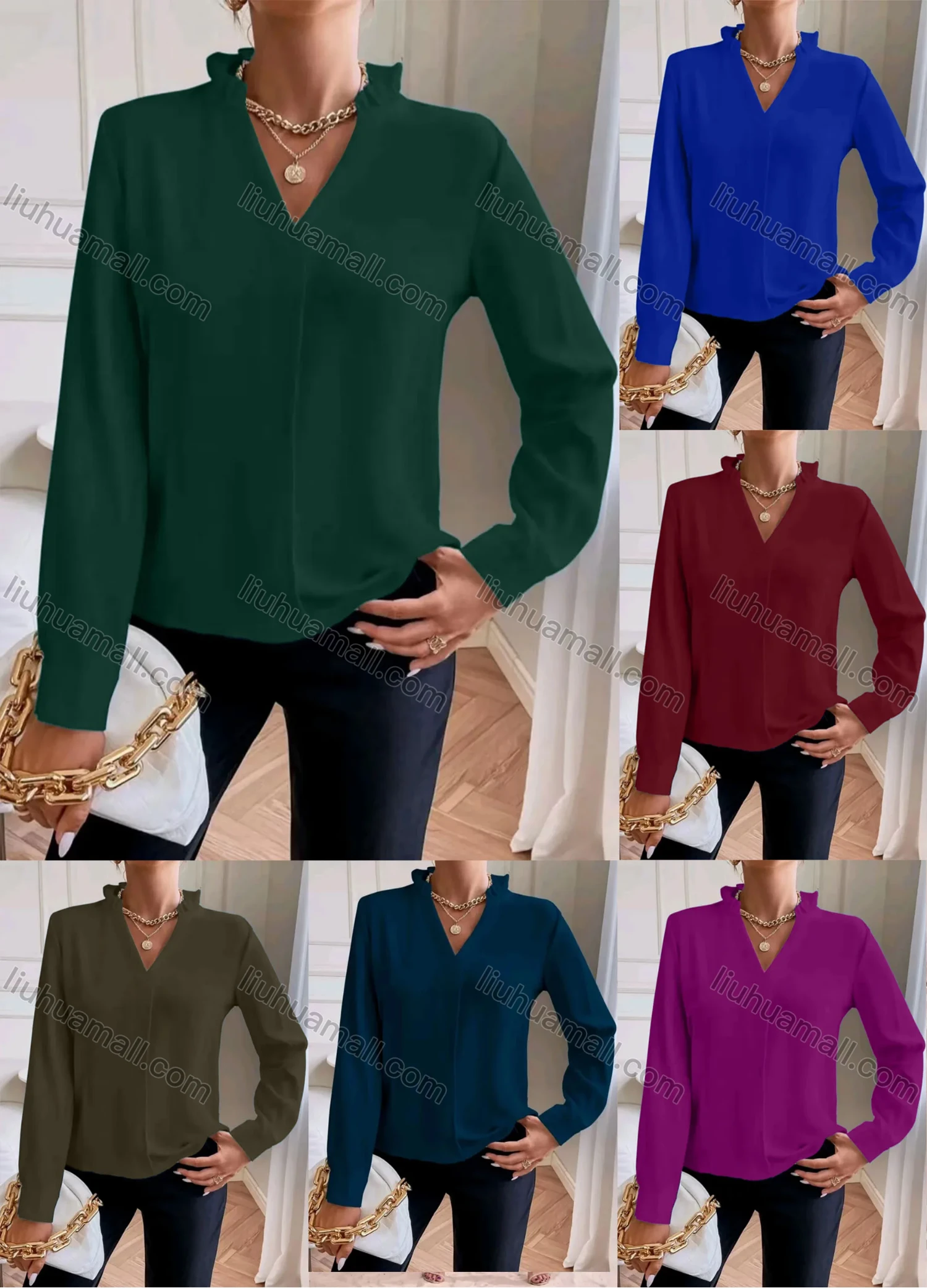 Wholesale Women's Casual Plain Stand Collar V Neck Long Sleeve Blouse - Liuhuamall
