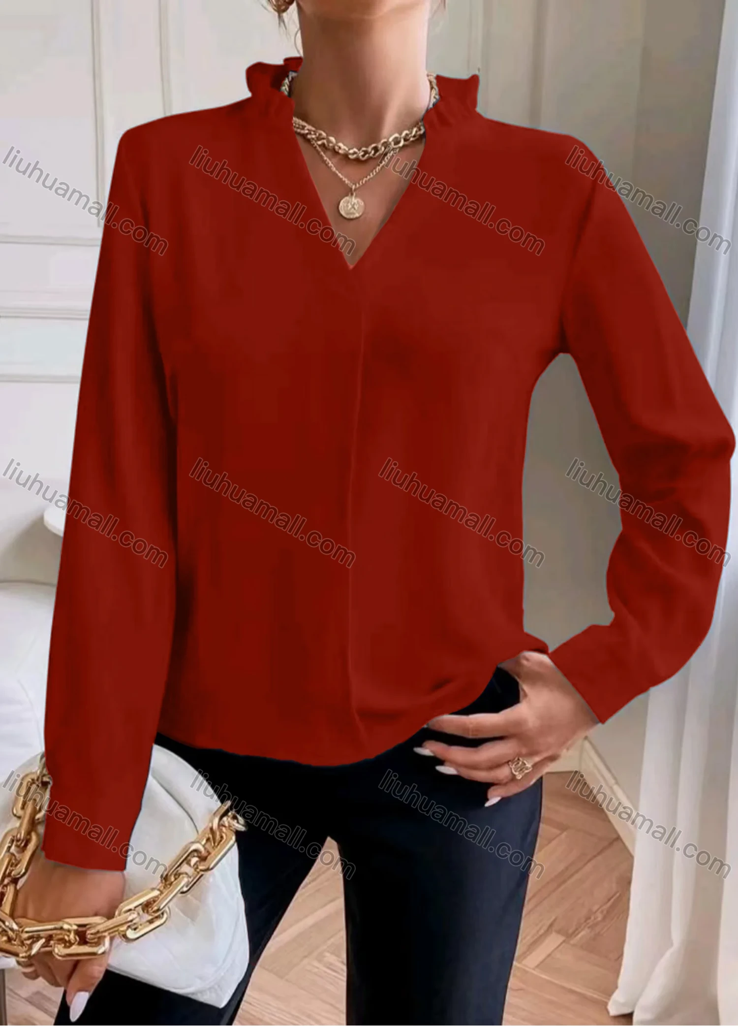Wholesale Women's Casual Plain Stand Collar V Neck Long Sleeve Blouse - Liuhuamall