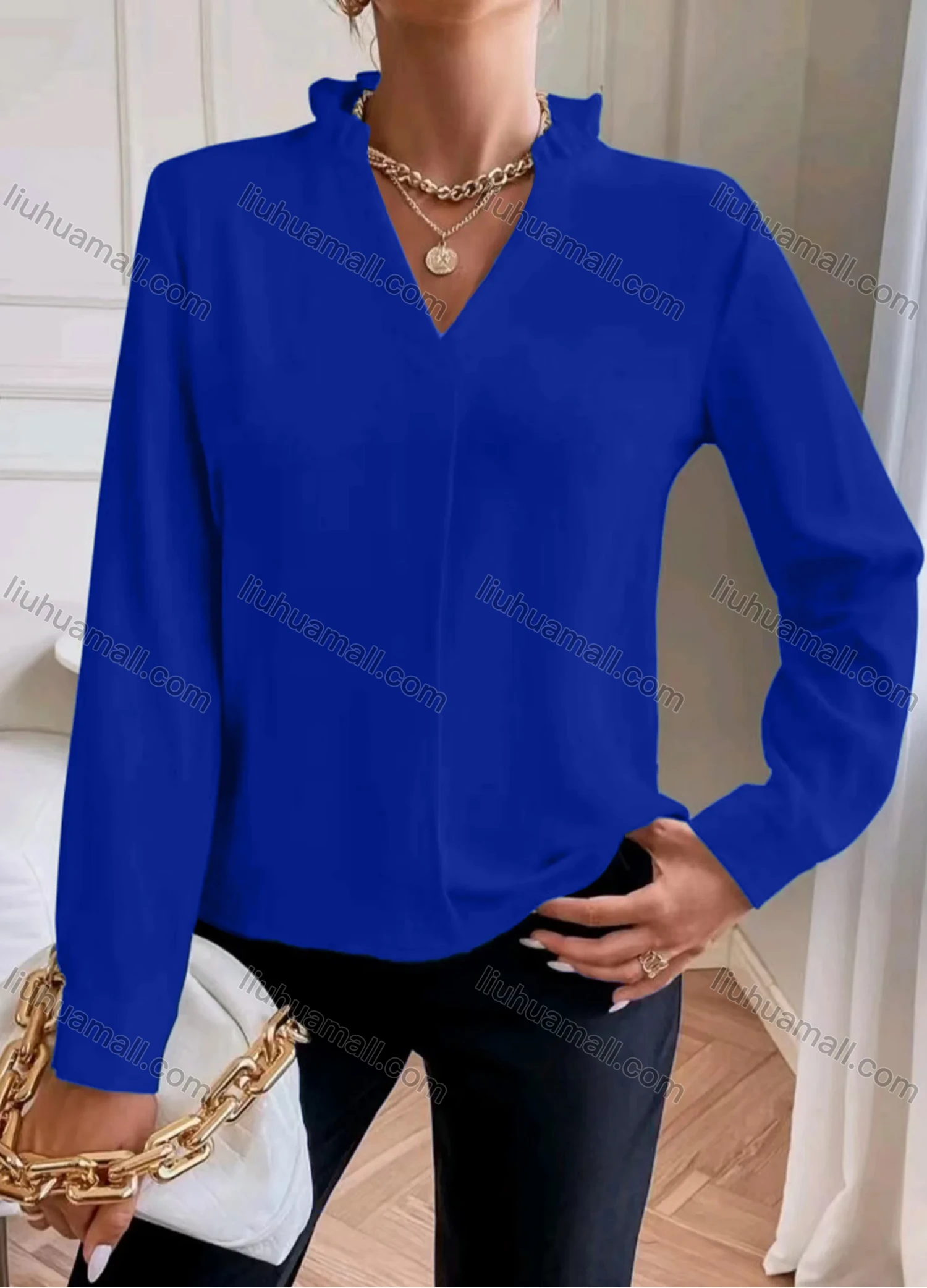 Wholesale Women's Casual Plain Stand Collar V Neck Long Sleeve Blouse - Liuhuamall