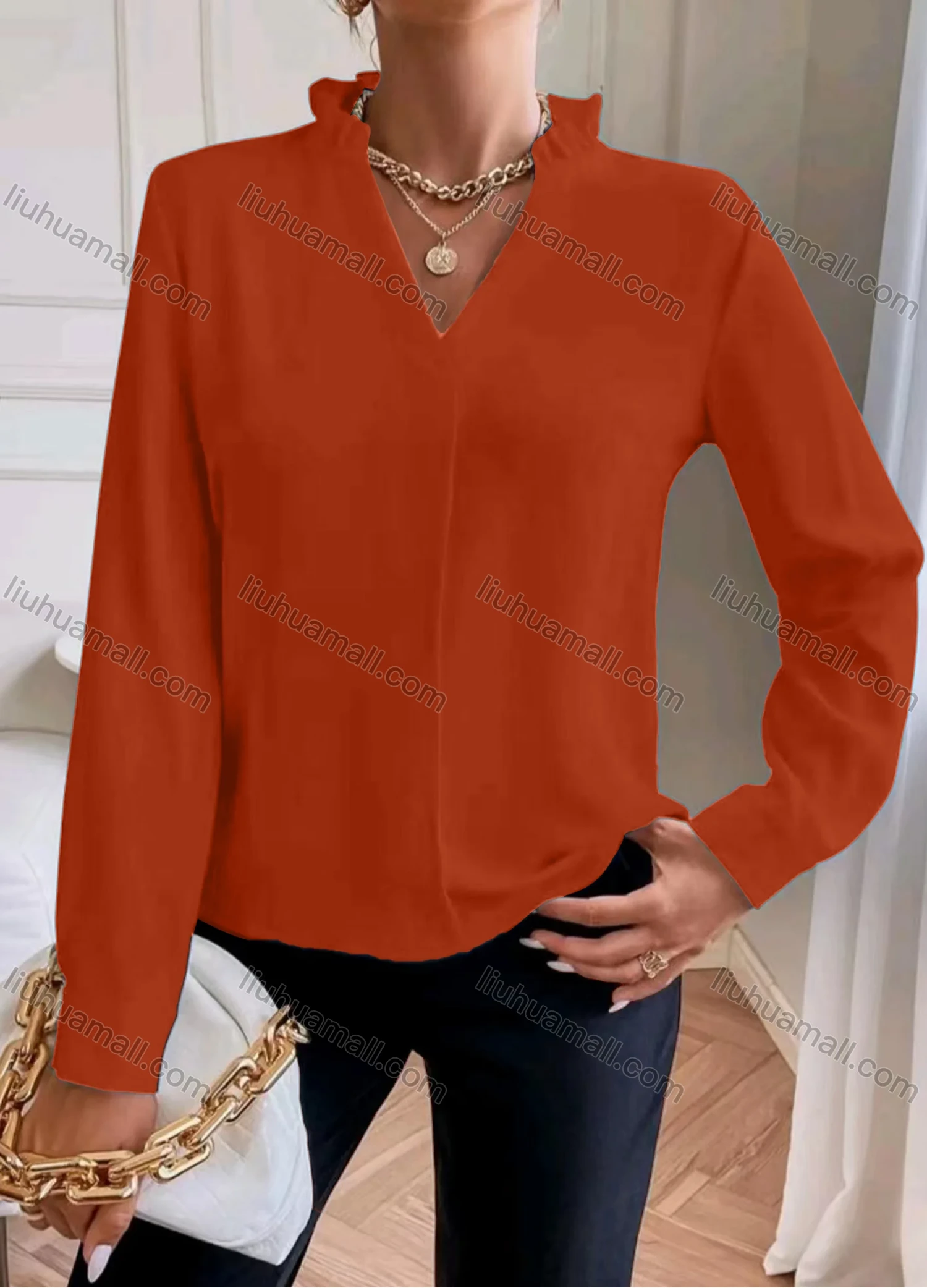 Wholesale Women's Casual Plain Stand Collar V Neck Long Sleeve Blouse - Liuhuamall