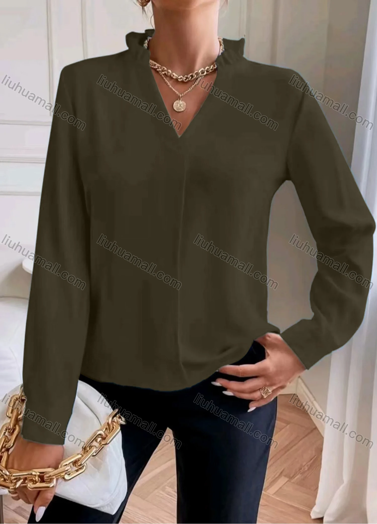 Wholesale Women's Casual Plain Stand Collar V Neck Long Sleeve Blouse - Liuhuamall