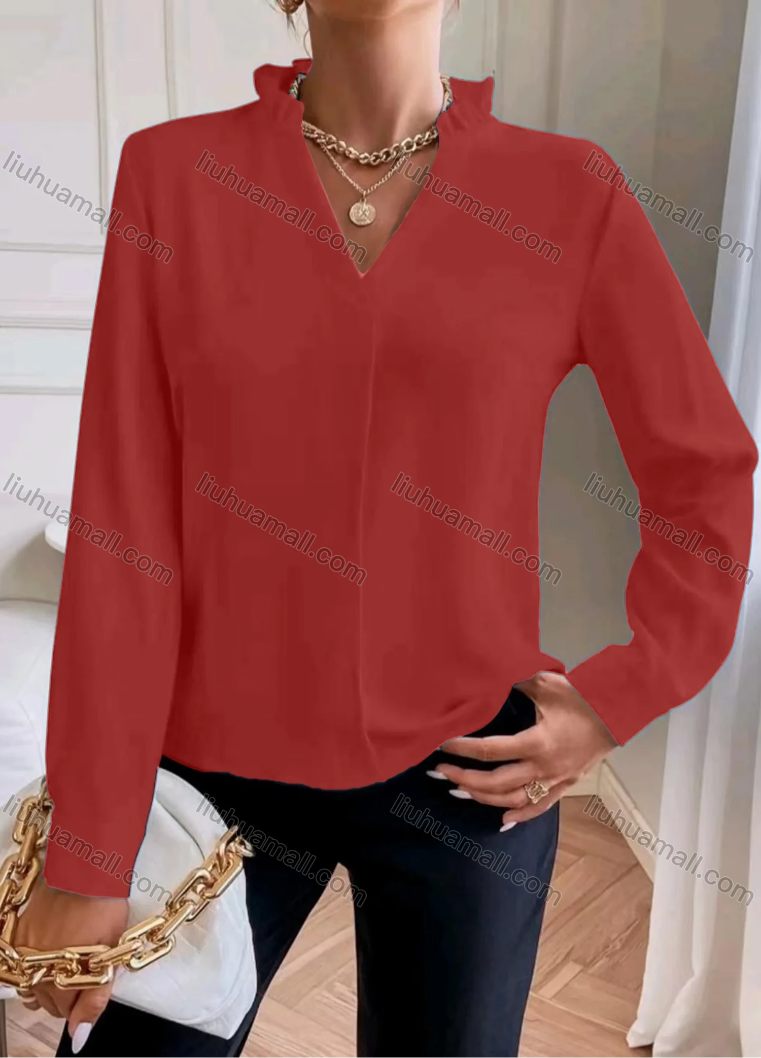 Wholesale Women's Casual Plain Stand Collar V Neck Long Sleeve Blouse - Liuhuamall