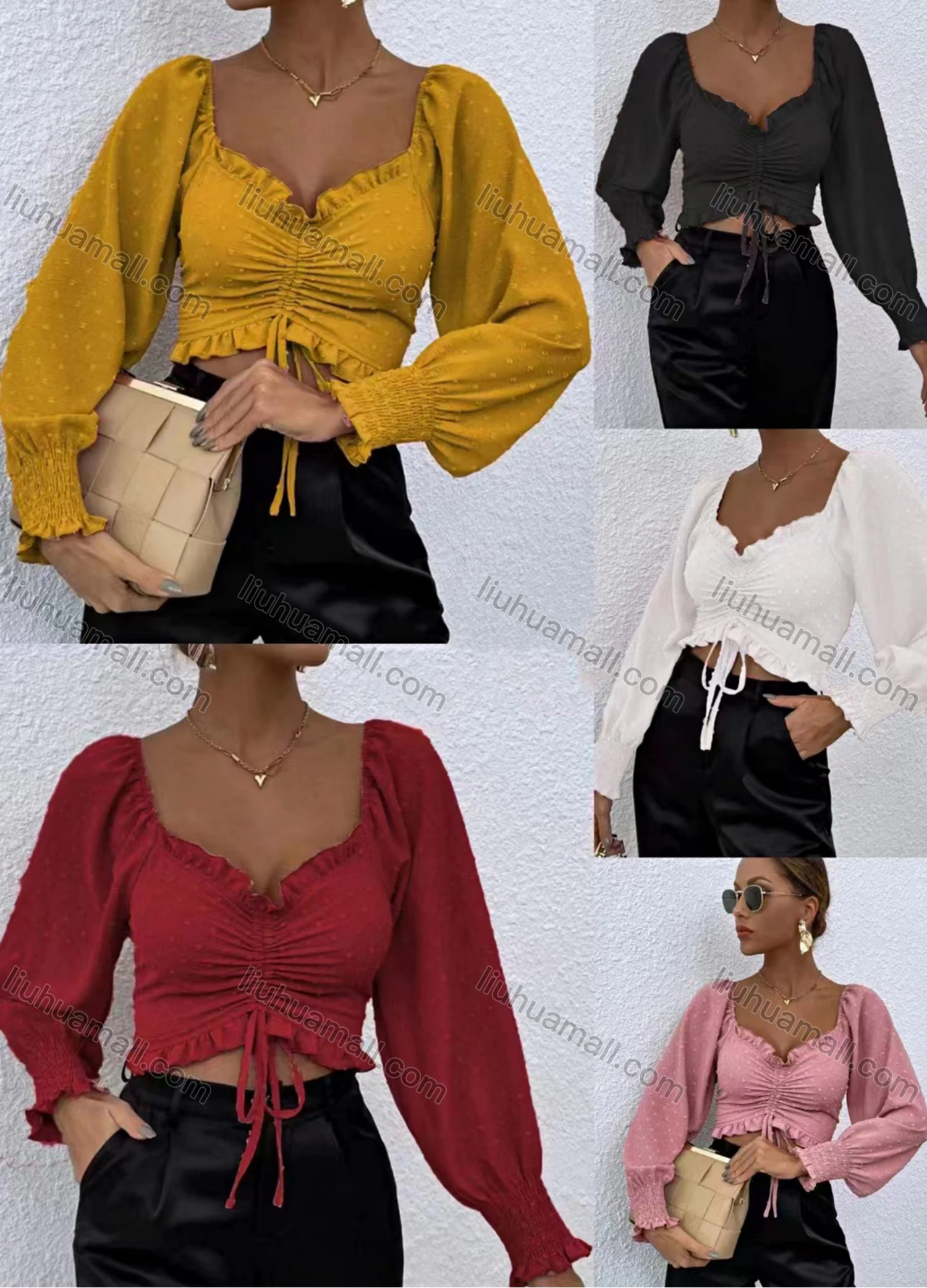 Wholesale Women's Casual Sweetheart Neck Shirred Drawstring Swiss Dot Crop Blouse 932# - Liuhuamall