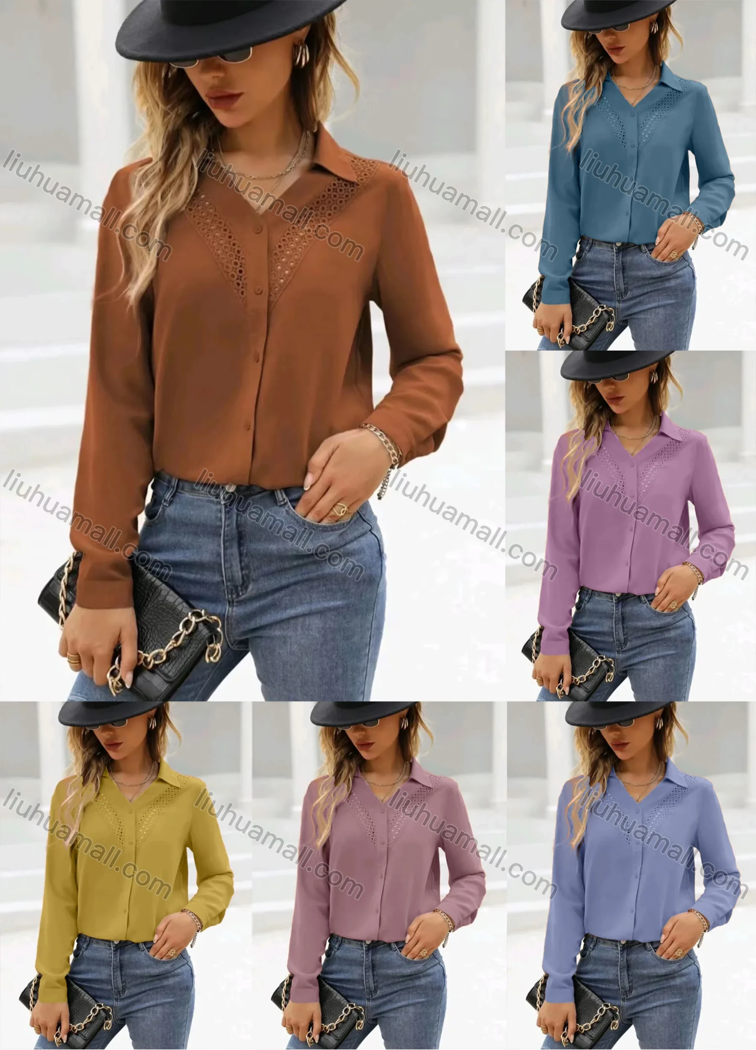 Wholesale Women's Casual Plain Buttons Down Hollow Out Embroidery Long Sleeve Blouse - Liuhuamall