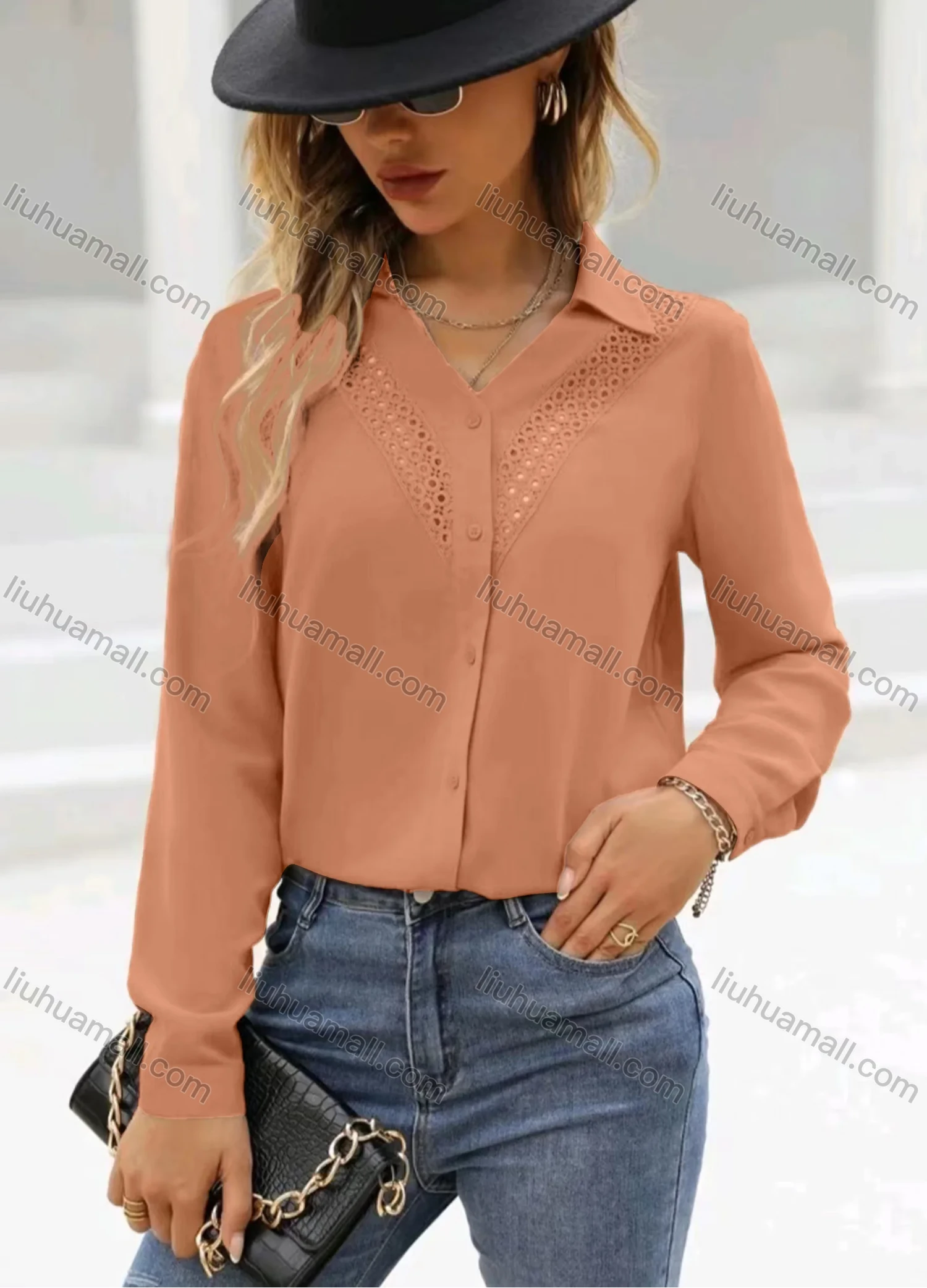 Wholesale Women's Casual Plain Buttons Down Hollow Out Embroidery Long Sleeve Blouse - Liuhuamall