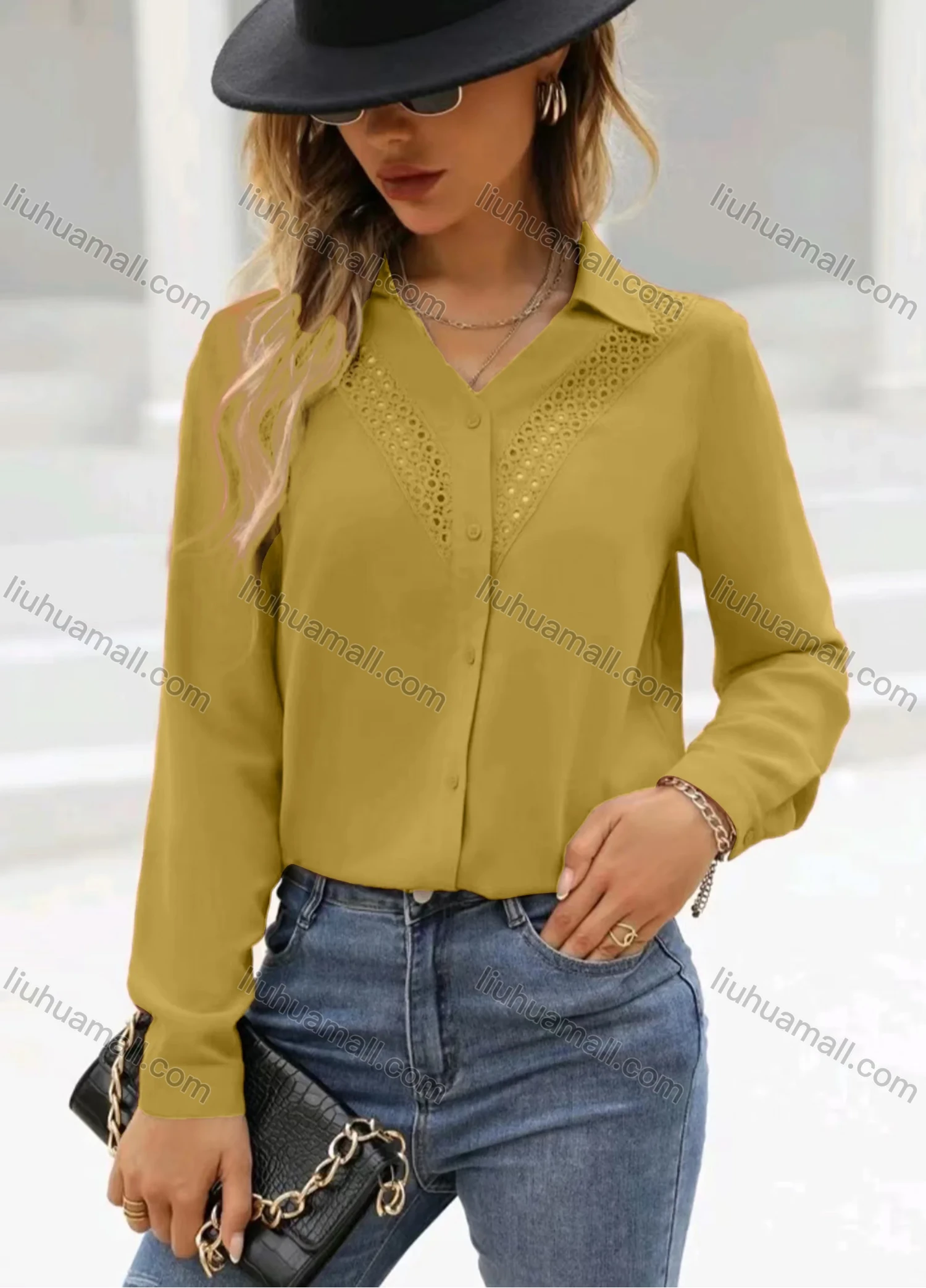 Wholesale Women's Casual Plain Buttons Down Hollow Out Embroidery Long Sleeve Blouse - Liuhuamall
