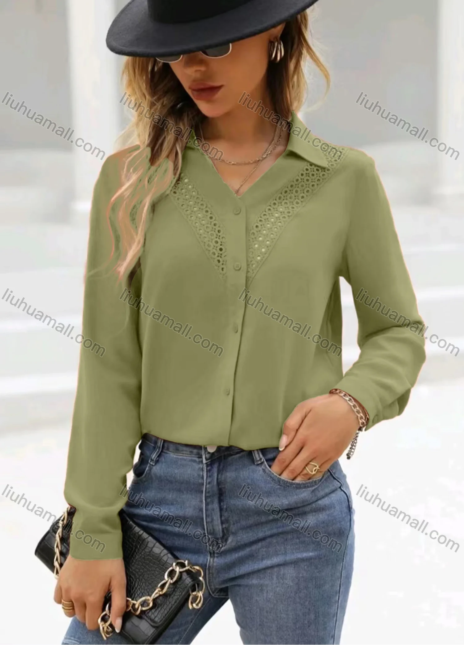 Wholesale Women's Casual Plain Buttons Down Hollow Out Embroidery Long Sleeve Blouse - Liuhuamall