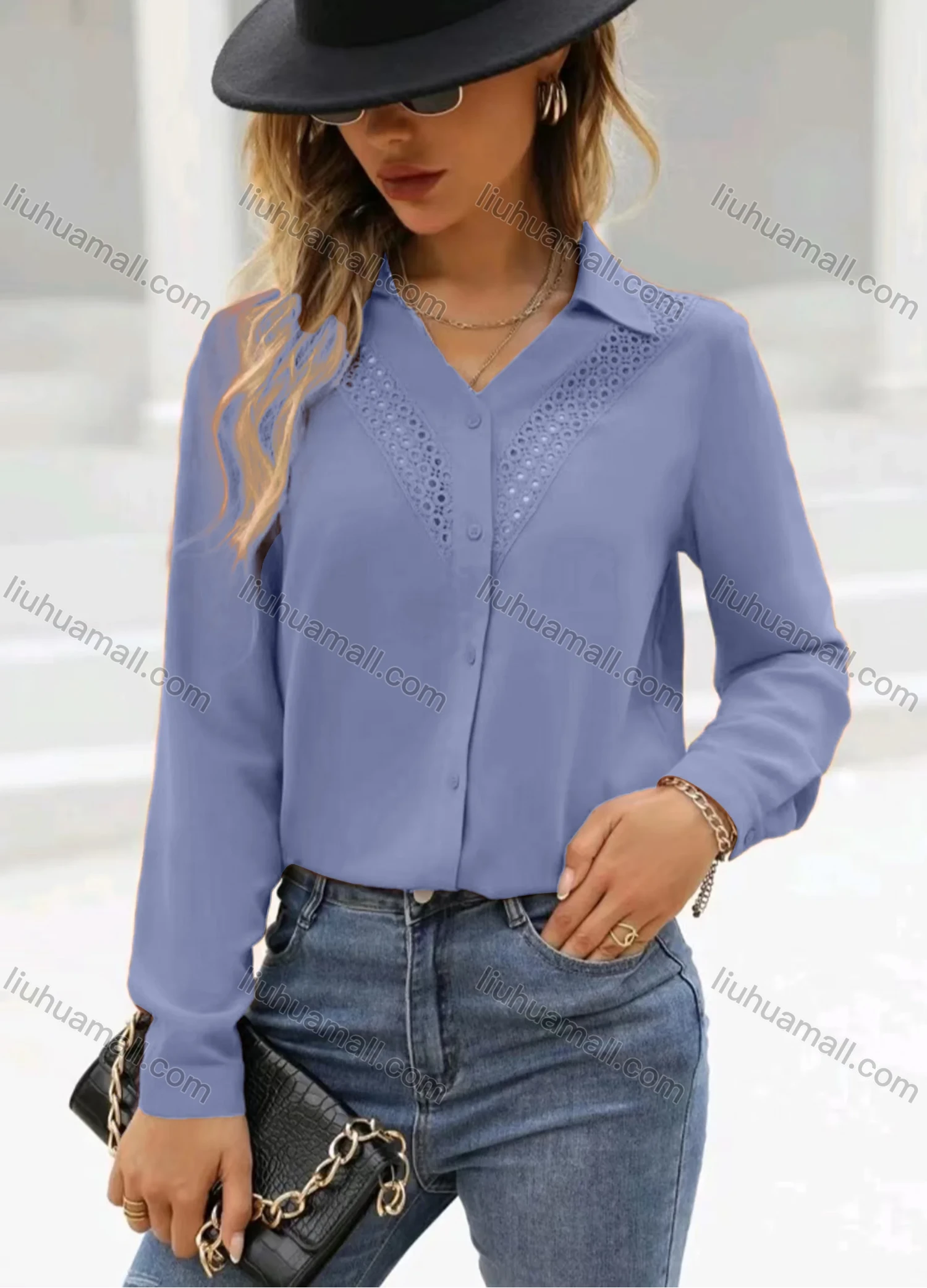 Wholesale Women's Casual Plain Buttons Down Hollow Out Embroidery Long Sleeve Blouse - Liuhuamall