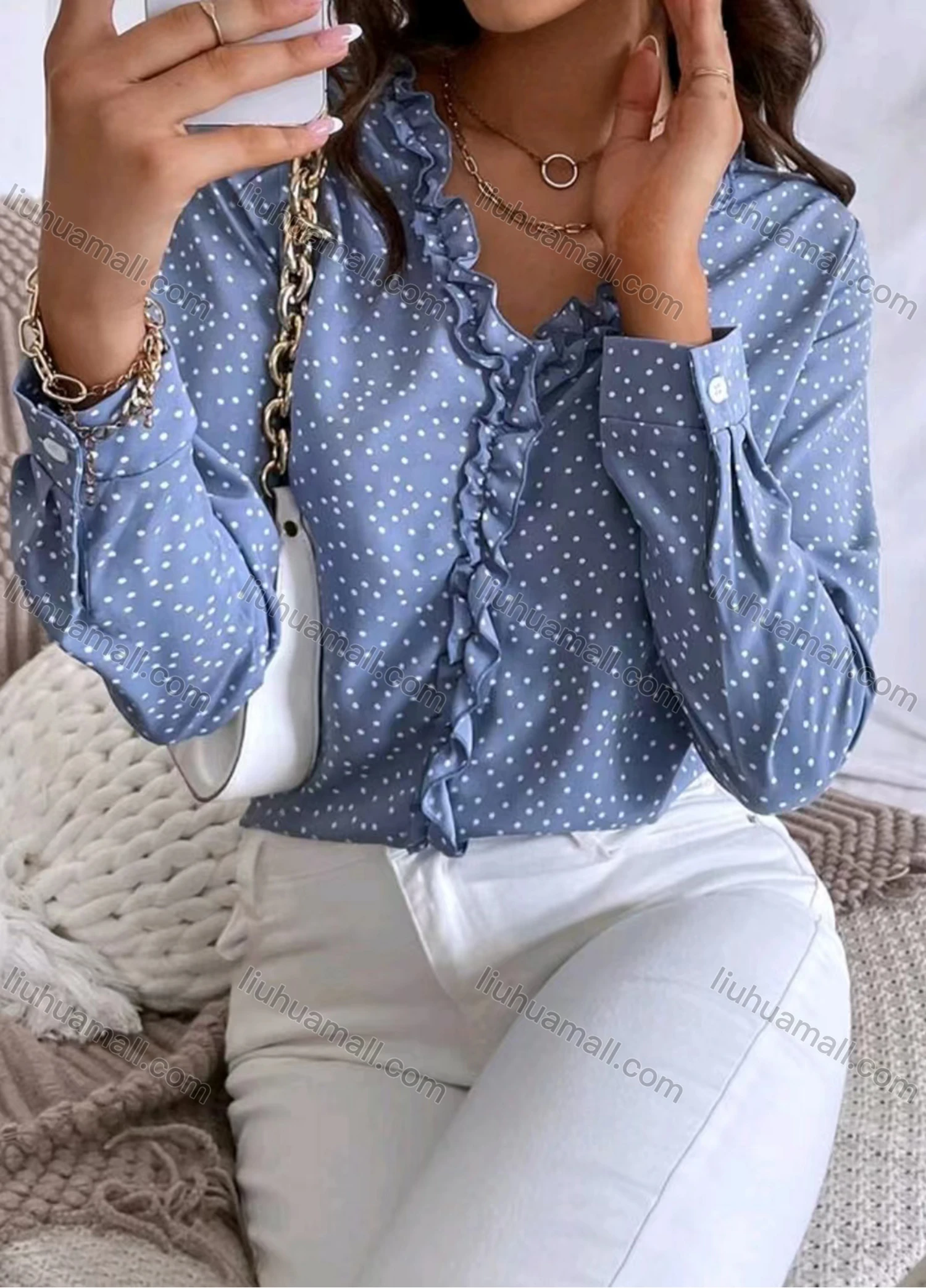 Wholesale Women's Casual Pin Dot Ruffle Trim Long Sleeve Blouse - Liuhuamall