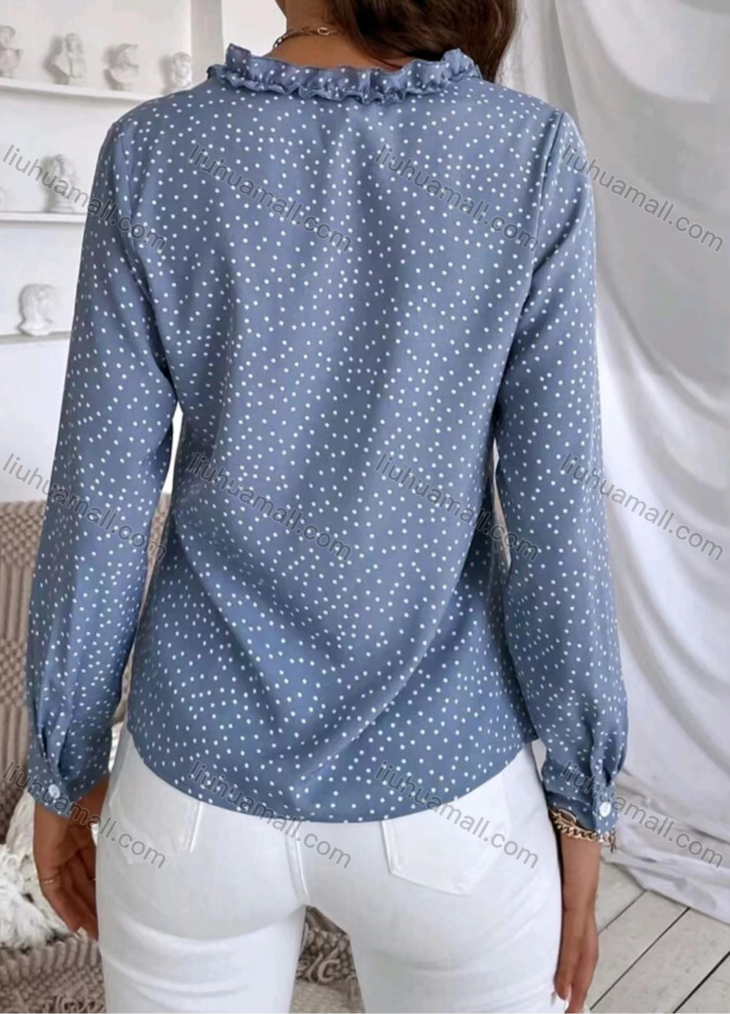 Wholesale Women's Casual Pin Dot Ruffle Trim Long Sleeve Blouse - Liuhuamall