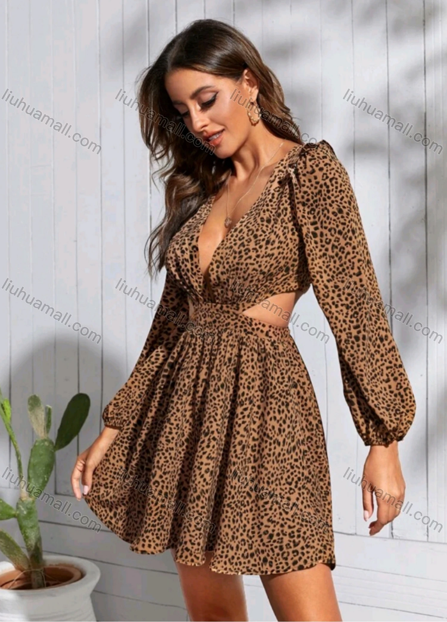 Wholesale Women's Sexy Leopard Print Deep V Neck Long Sleeve Backless Tie Back Ruffle Hem Short Dress - Liuhuamall