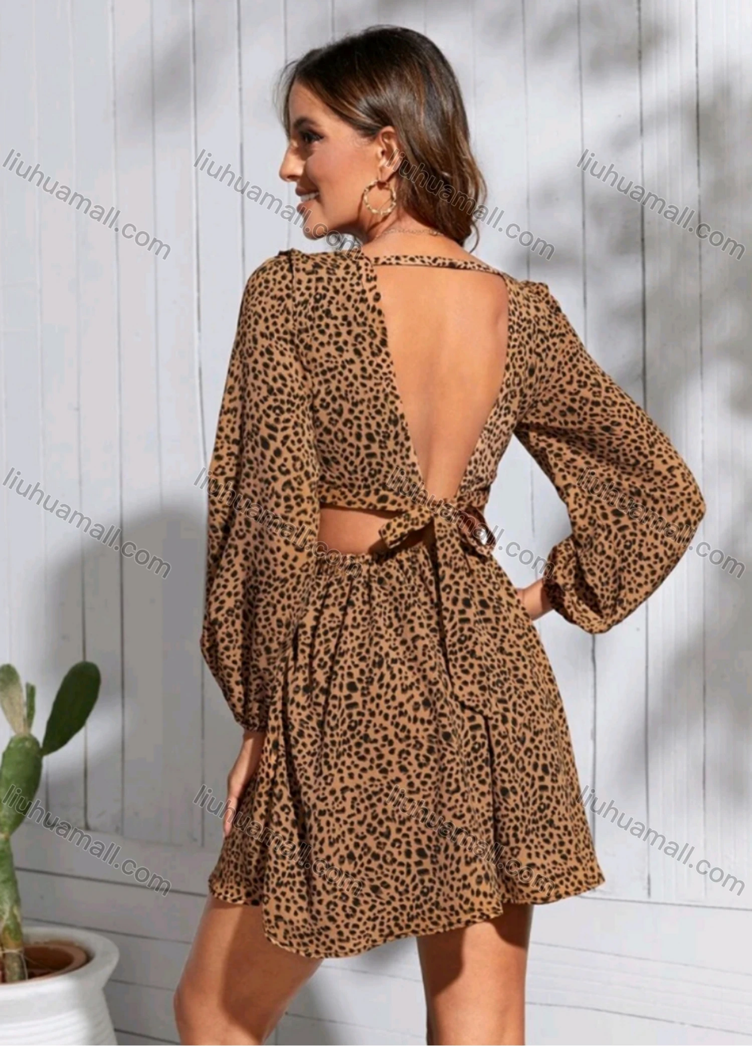 Wholesale Women's Sexy Leopard Print Deep V Neck Long Sleeve Backless Tie Back Ruffle Hem Short Dress - Liuhuamall