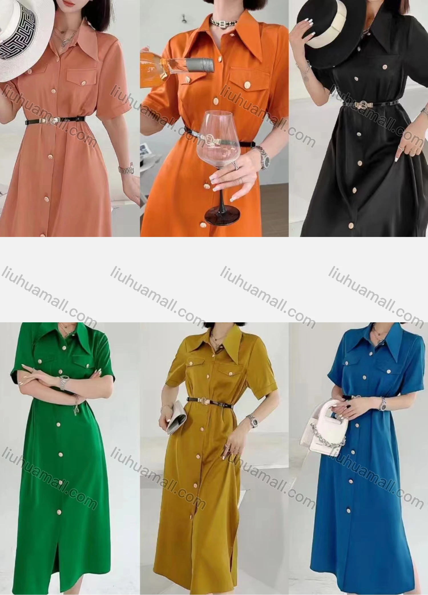 Wholesale Women's Casual Collared Short Sleeve Plain Split Front Belted Shirt Dress 9961# - Liuhuamall