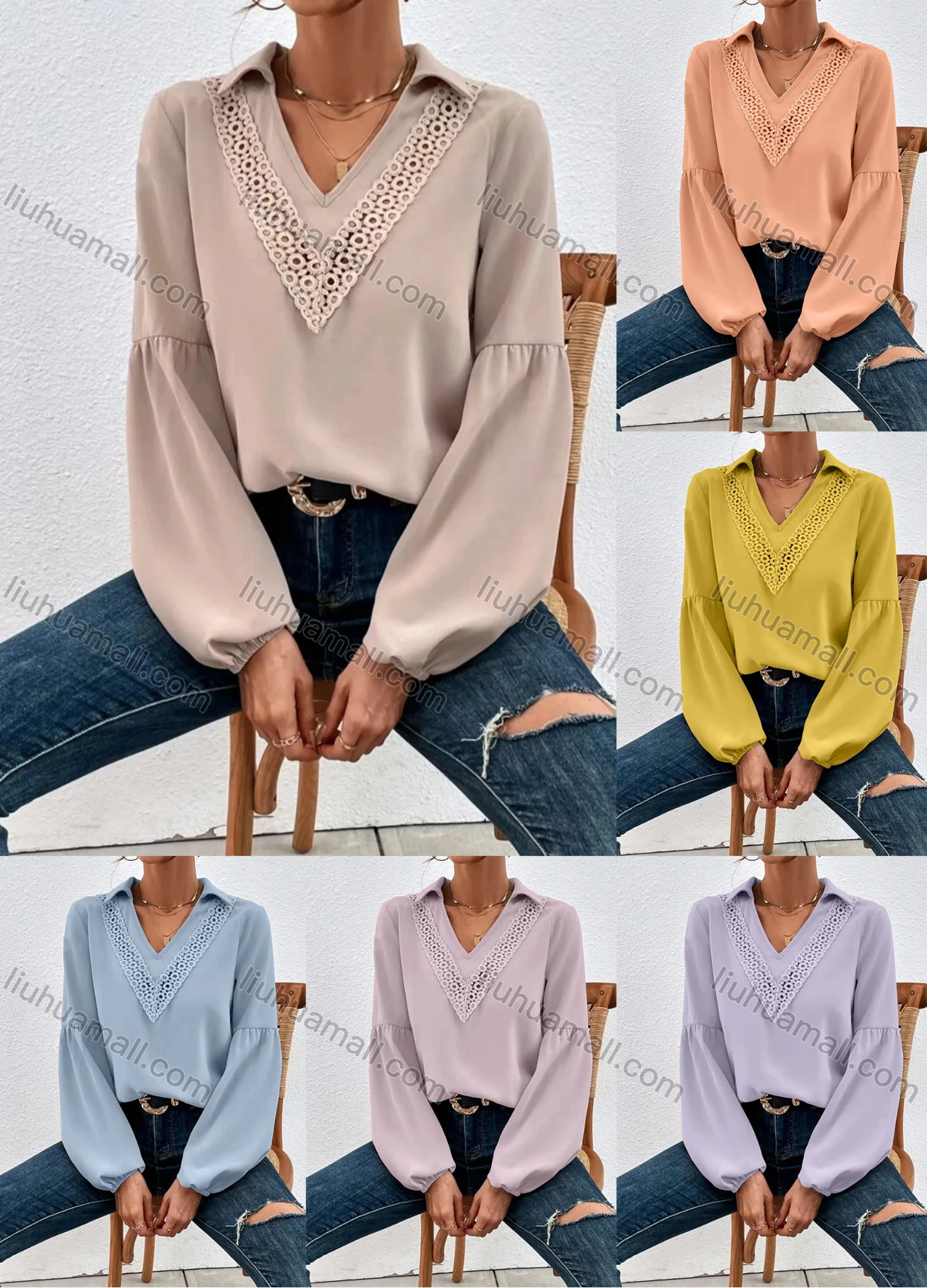 Wholesale Women's Casual Plain V Neck Collared Hollow Out Ruched Long Sleeve Blouse - Liuhuamall
