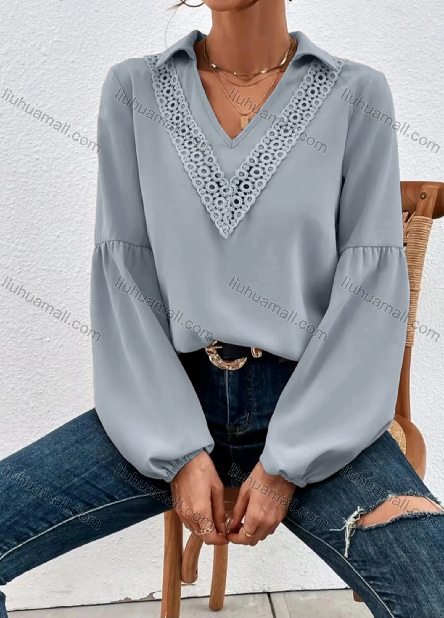 Wholesale Women's Casual Plain V Neck Collared Hollow Out Ruched Long Sleeve Blouse - Liuhuamall