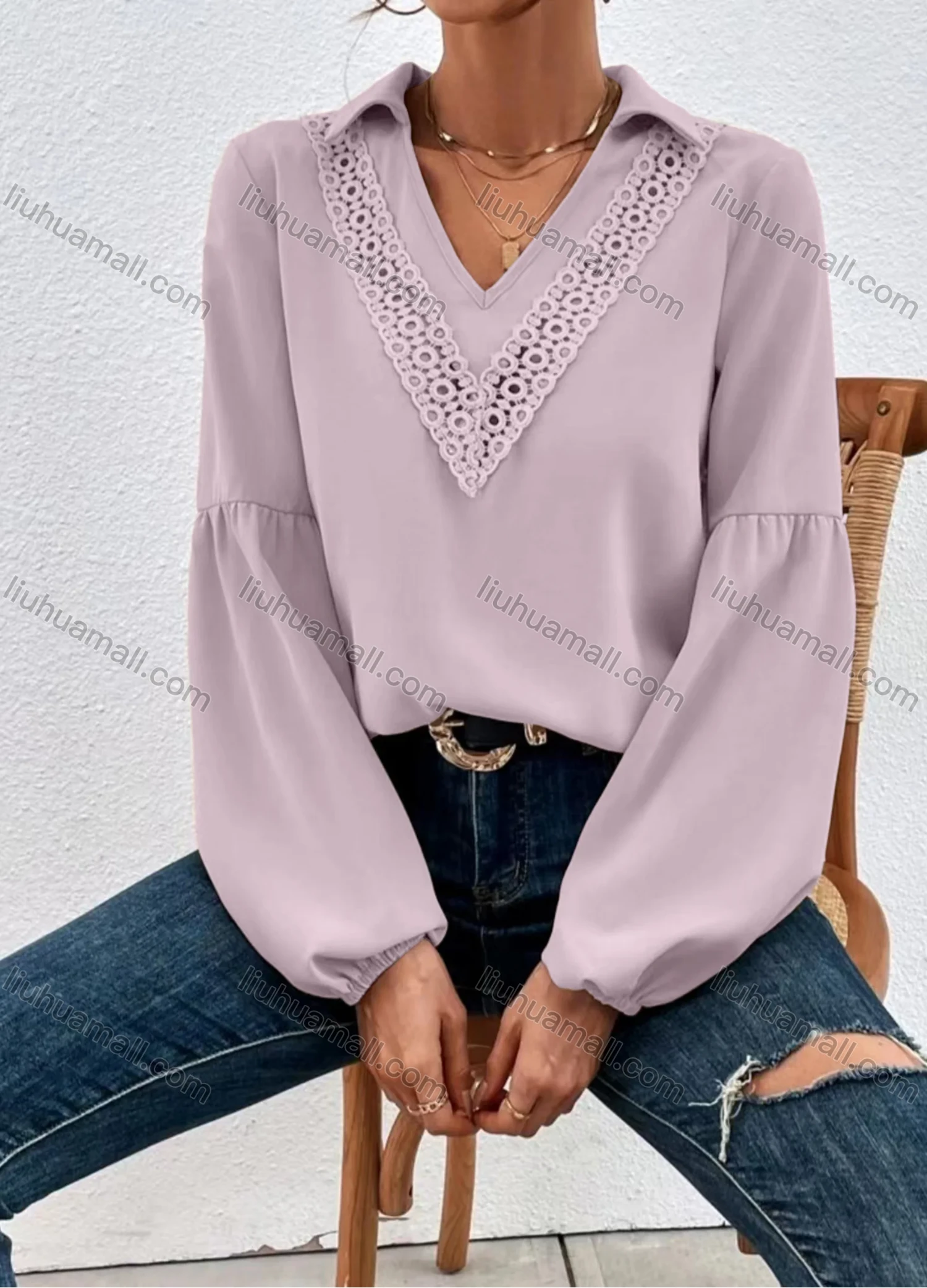 Wholesale Women's Casual Plain V Neck Collared Hollow Out Ruched Long Sleeve Blouse - Liuhuamall