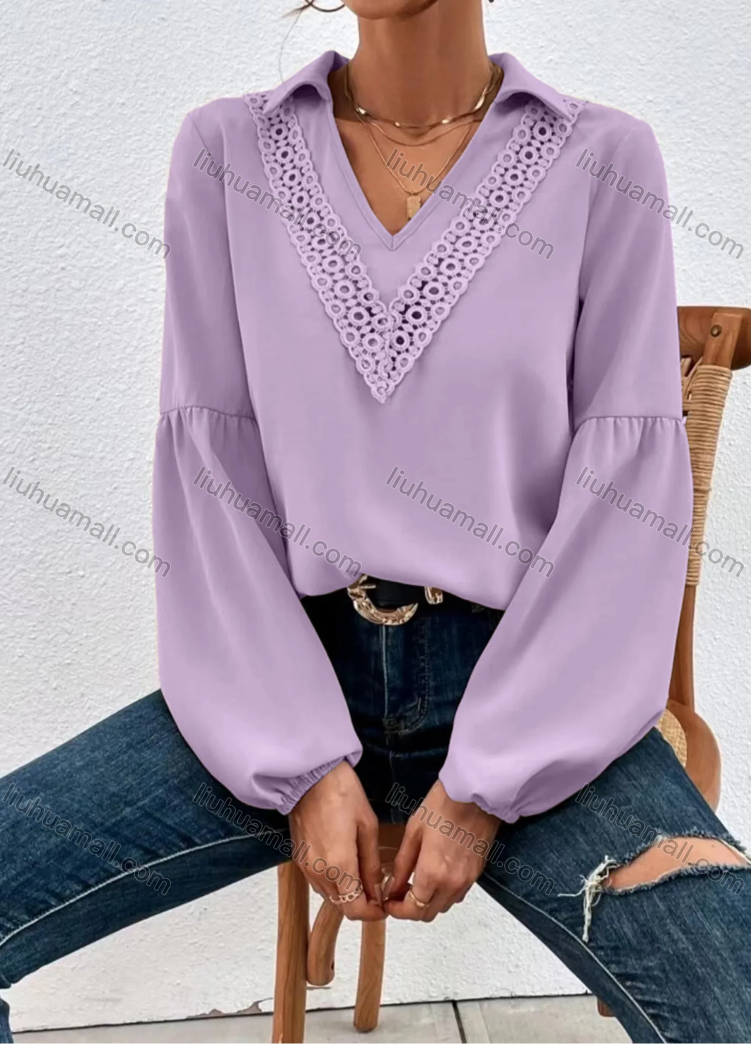 Wholesale Women's Casual Plain V Neck Collared Hollow Out Ruched Long Sleeve Blouse - Liuhuamall