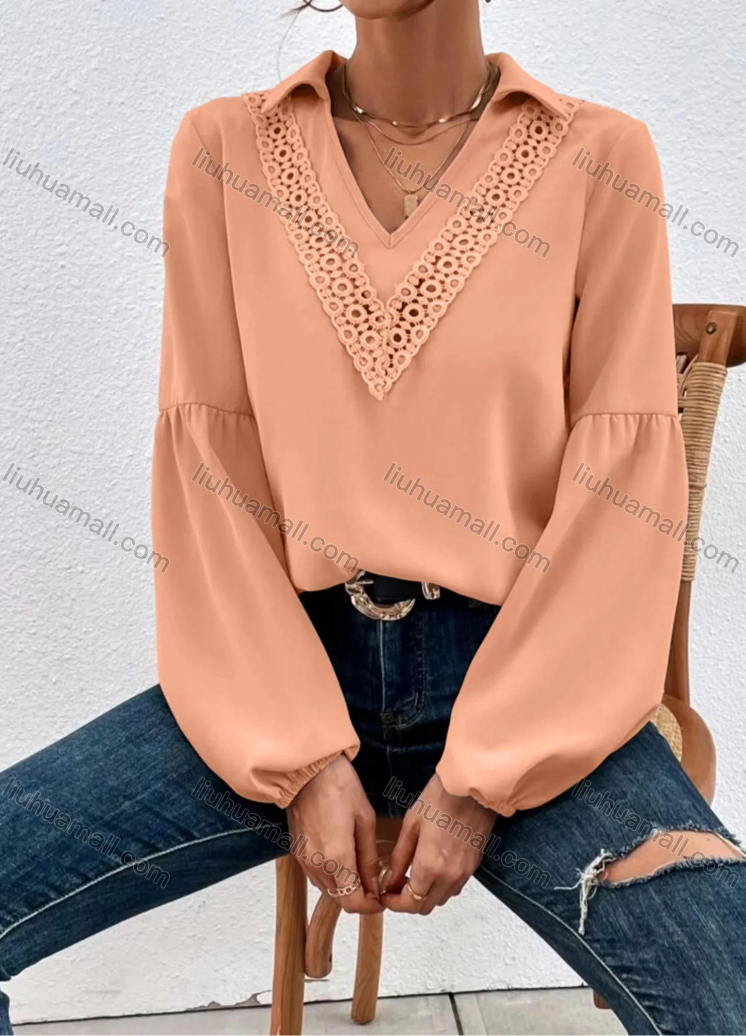 Wholesale Women's Casual Plain V Neck Collared Hollow Out Ruched Long Sleeve Blouse - Liuhuamall