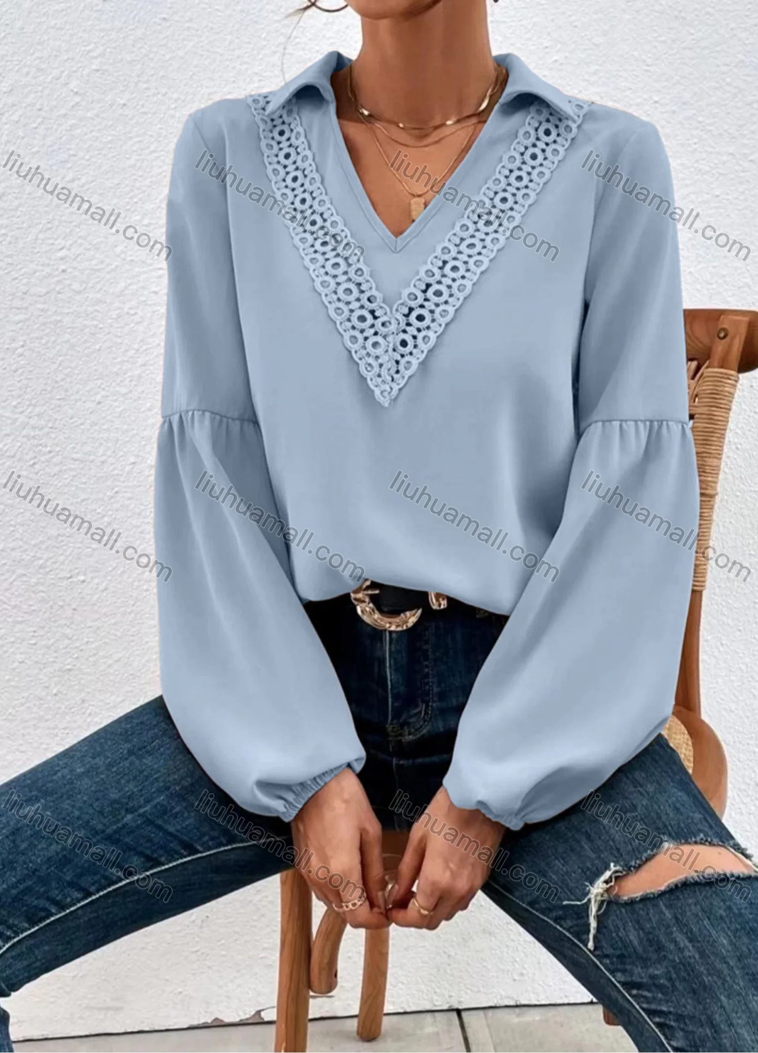 Wholesale Women's Casual Plain V Neck Collared Hollow Out Ruched Long Sleeve Blouse - Liuhuamall