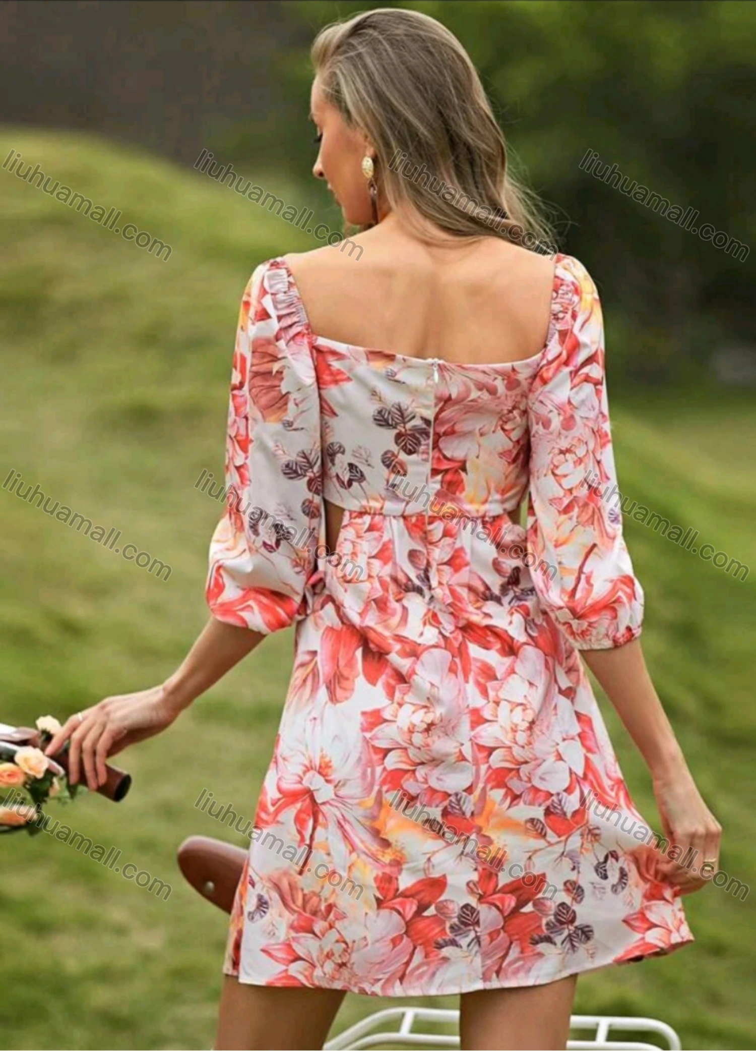 Wholesale Women's Sexy Floral Print Sweetheart Neck 3/4 Sleeve Cut Out Short Dress - Liuhuamall