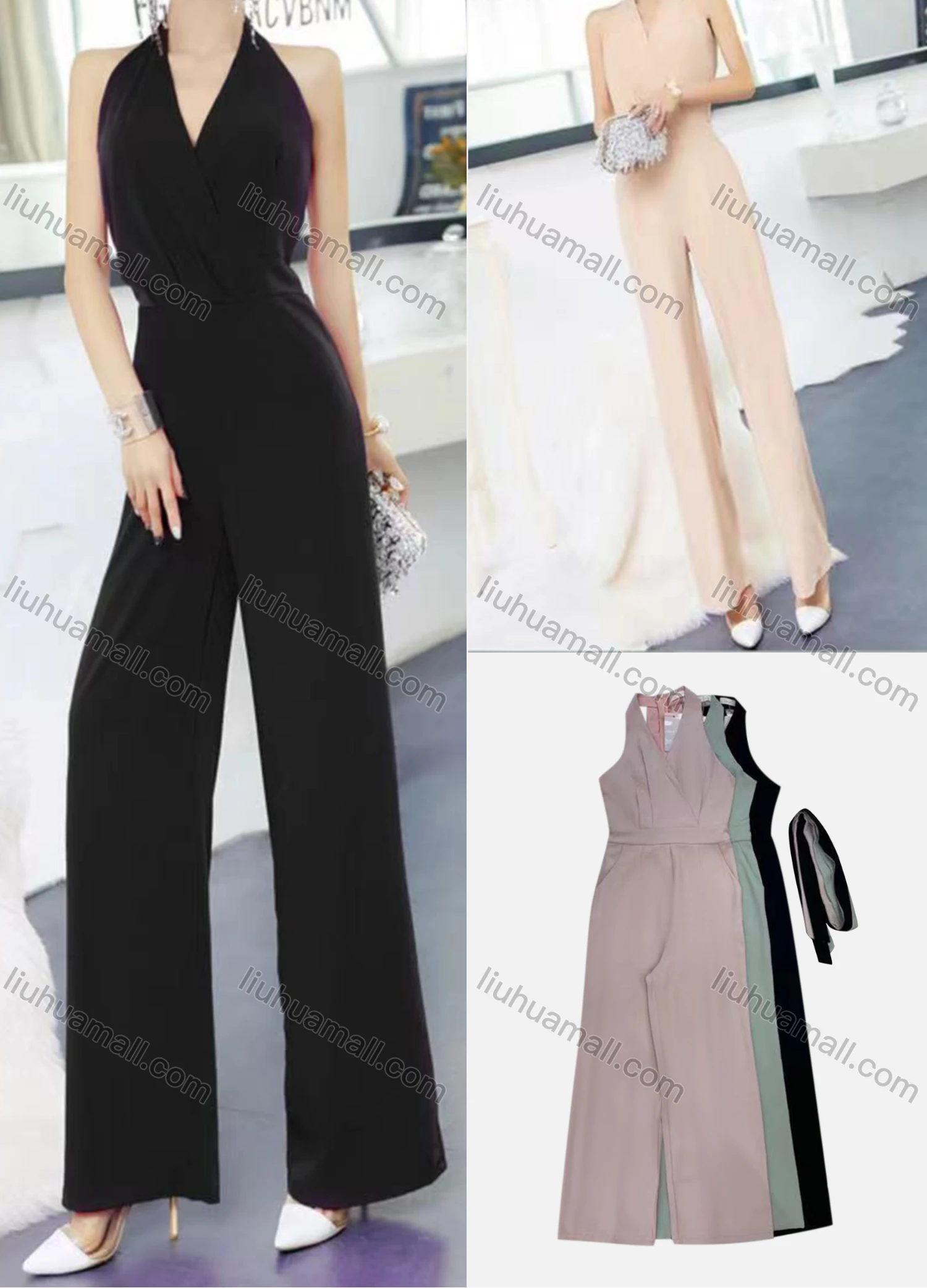 Wholesale Women's Casual Halter Sleeveless Wrap Peplum Plain Jumpsuit 2983-7# - Liuhuamall