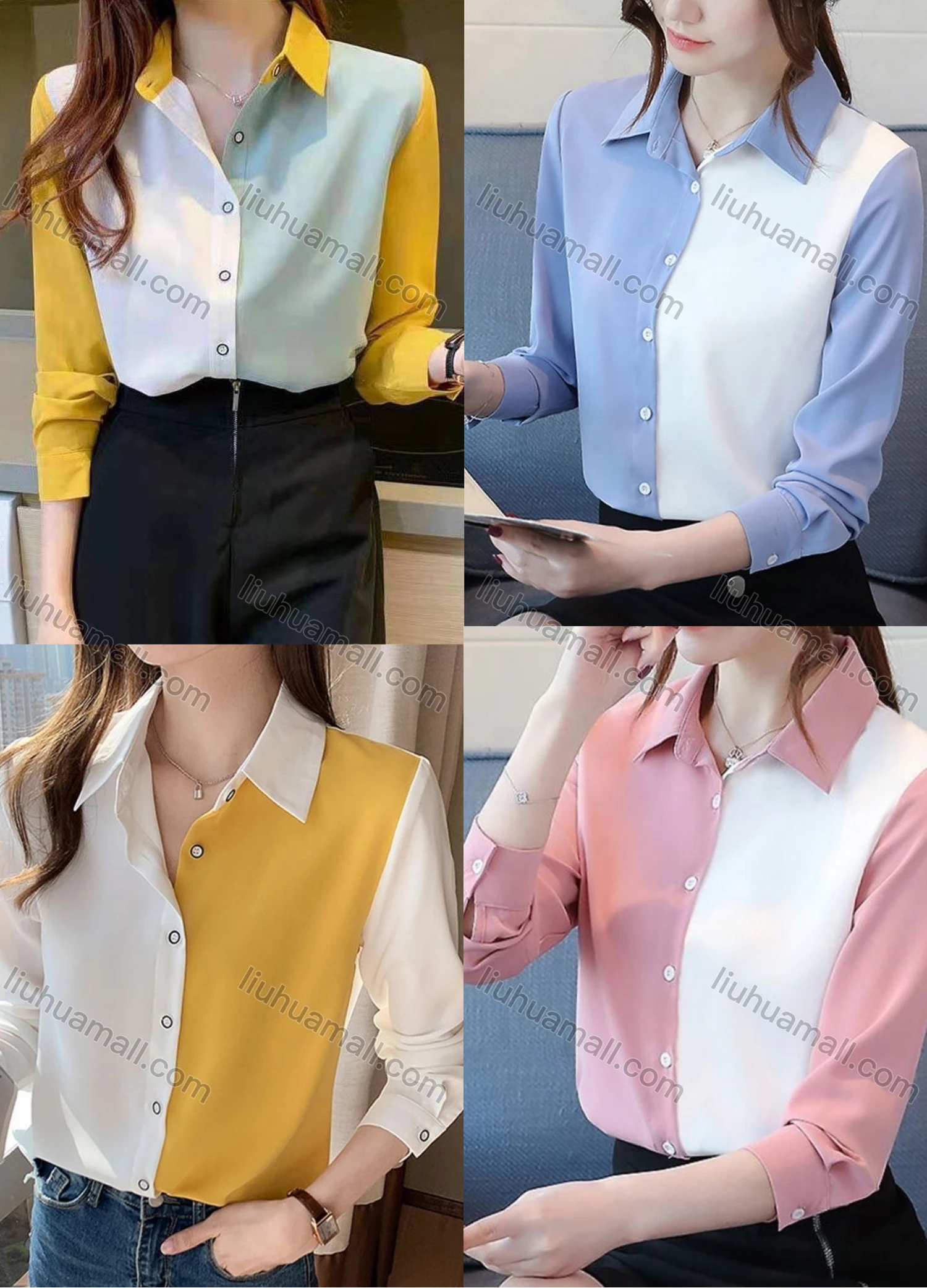 Wholesale Women's Casual Colorblock Collared Button Down Long Sleeve Shirt - Liuhuamall