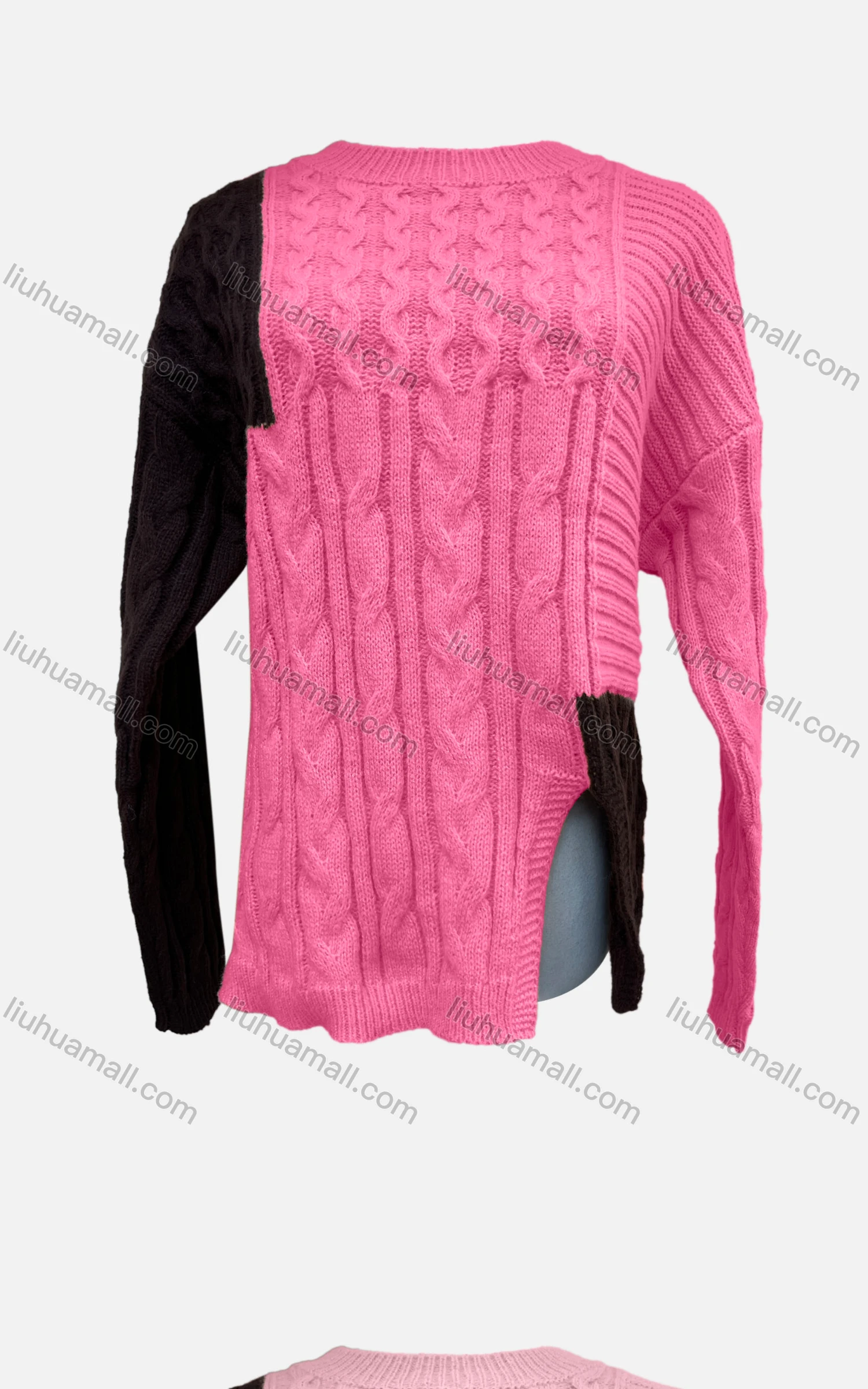 Wholesale Women's Casual Long Sleeve Colorblock Split Side Cable Knit Sweater A1356# - Liuhuamall