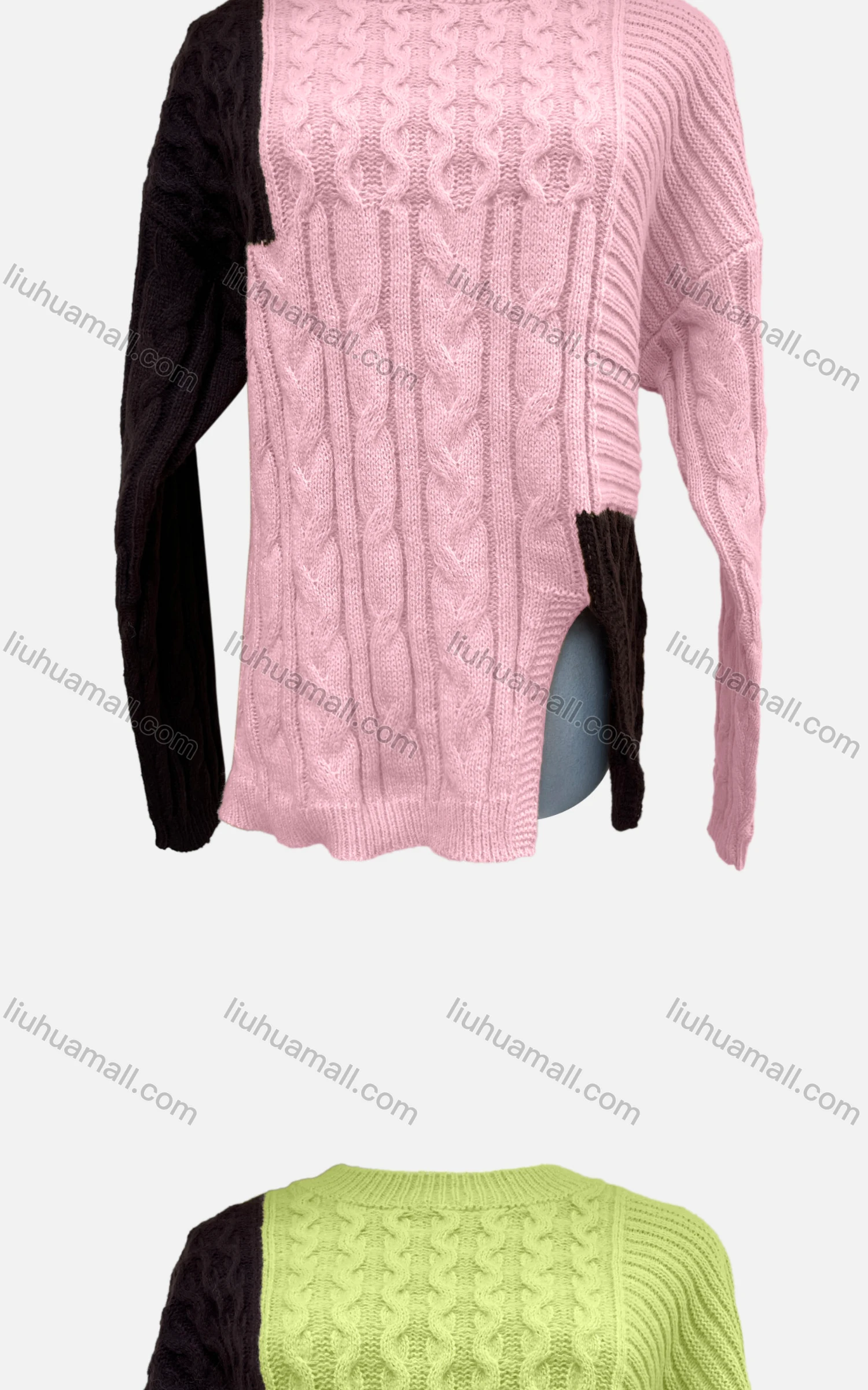 Wholesale Women's Casual Long Sleeve Colorblock Split Side Cable Knit Sweater A1356# - Liuhuamall
