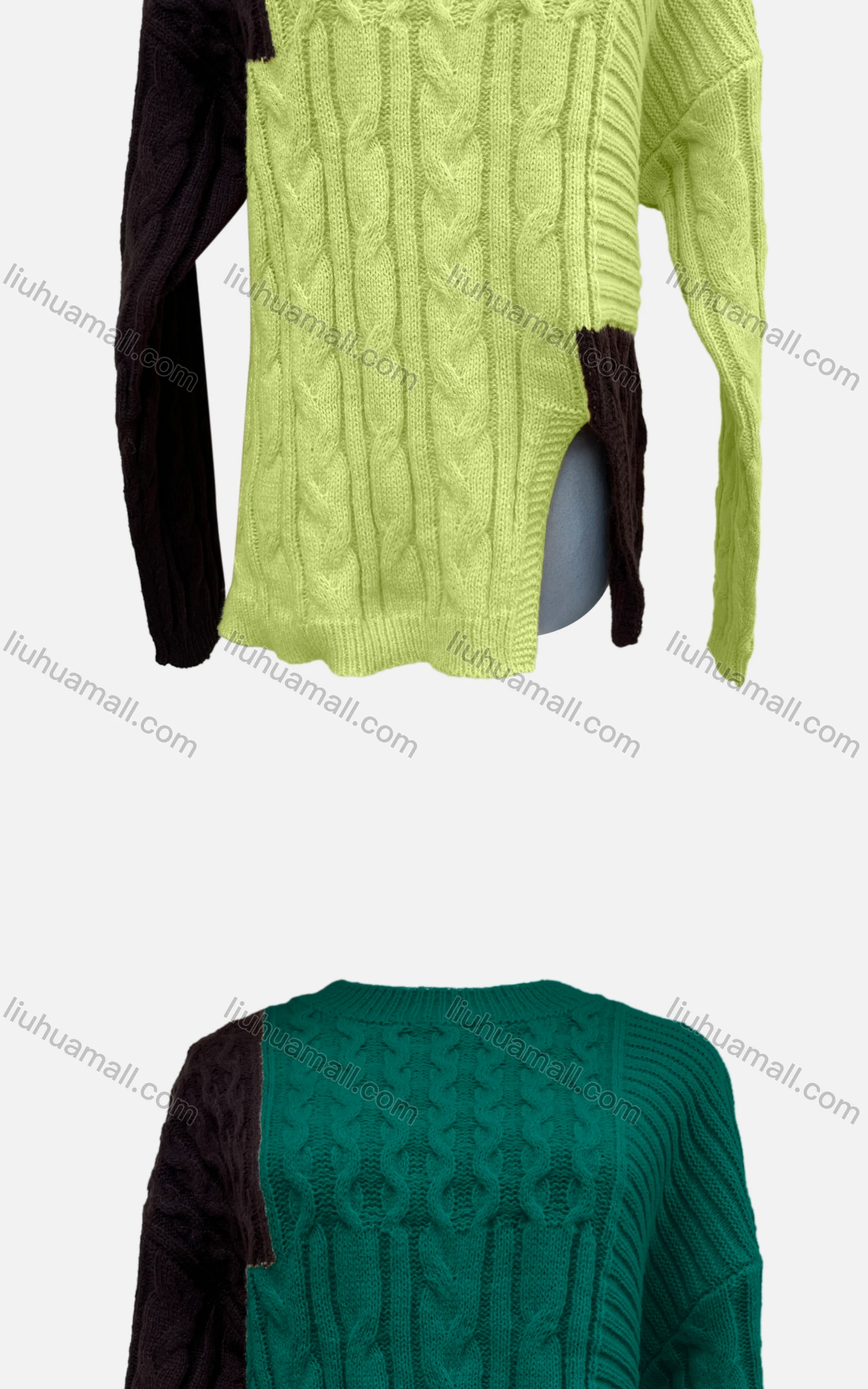 Wholesale Women's Casual Long Sleeve Colorblock Split Side Cable Knit Sweater A1356# - Liuhuamall
