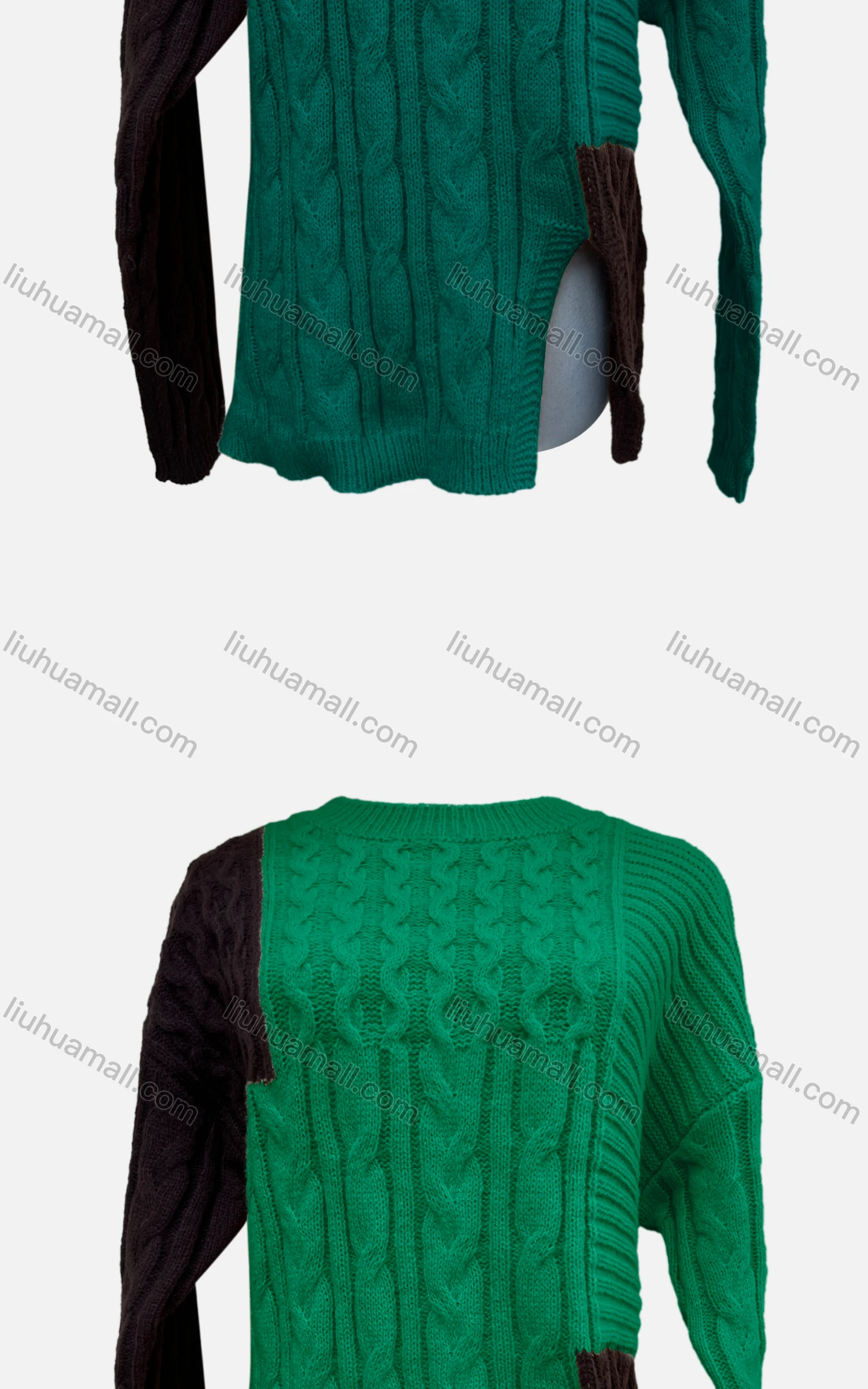 Wholesale Women's Casual Long Sleeve Colorblock Split Side Cable Knit Sweater A1356# - Liuhuamall