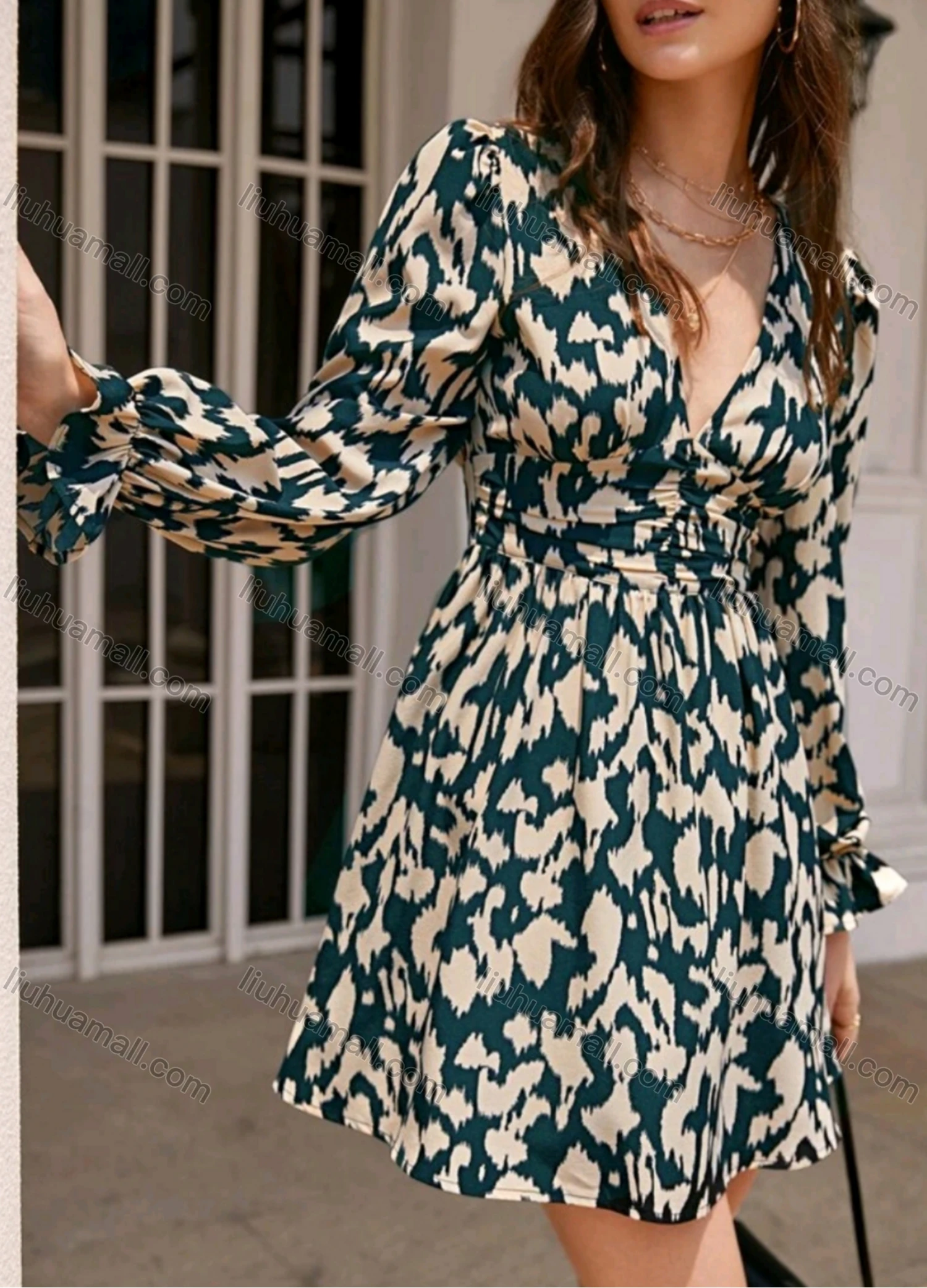 Wholesale Women's Sexy Deep V Neck Allover Print Long Sleeve High Waist Short Dress - Liuhuamall